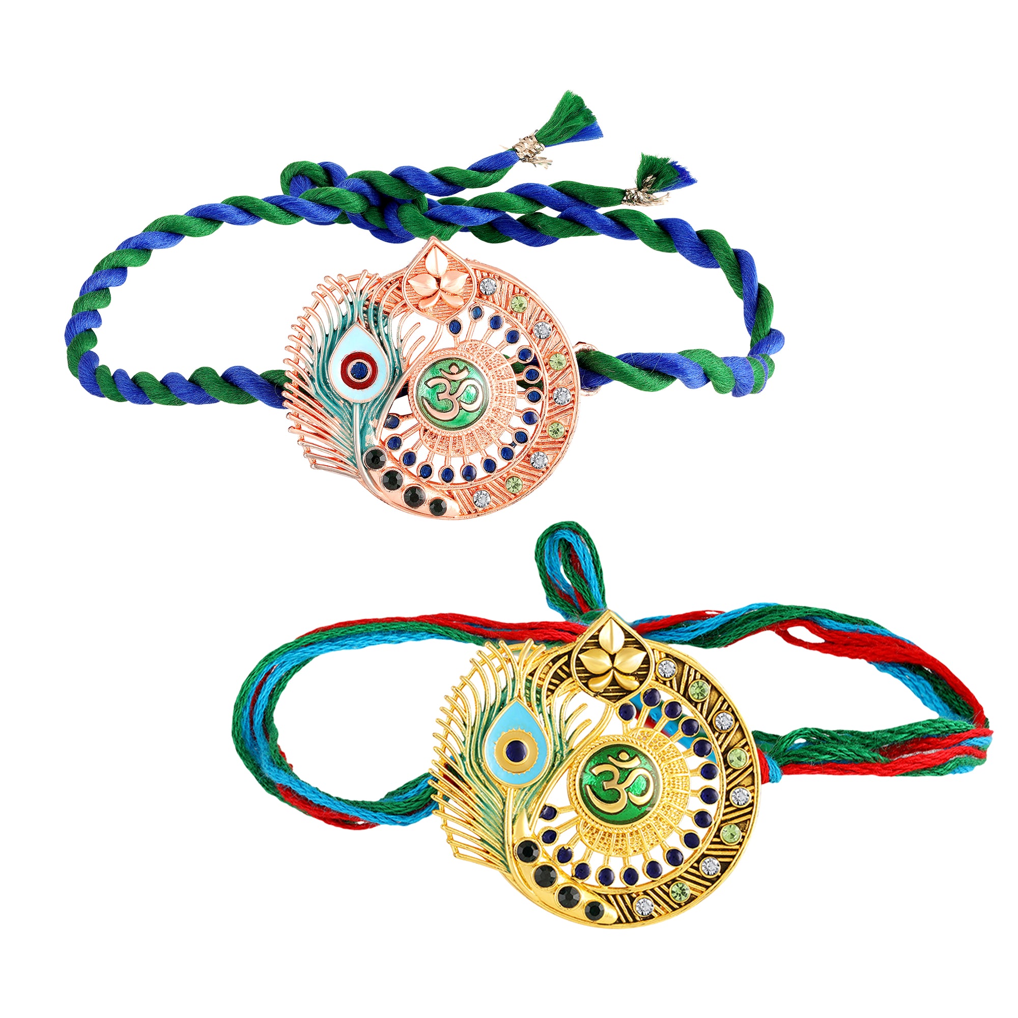 Om & Peacock-Feather-Shaped Rakhi Combo Set of 2
