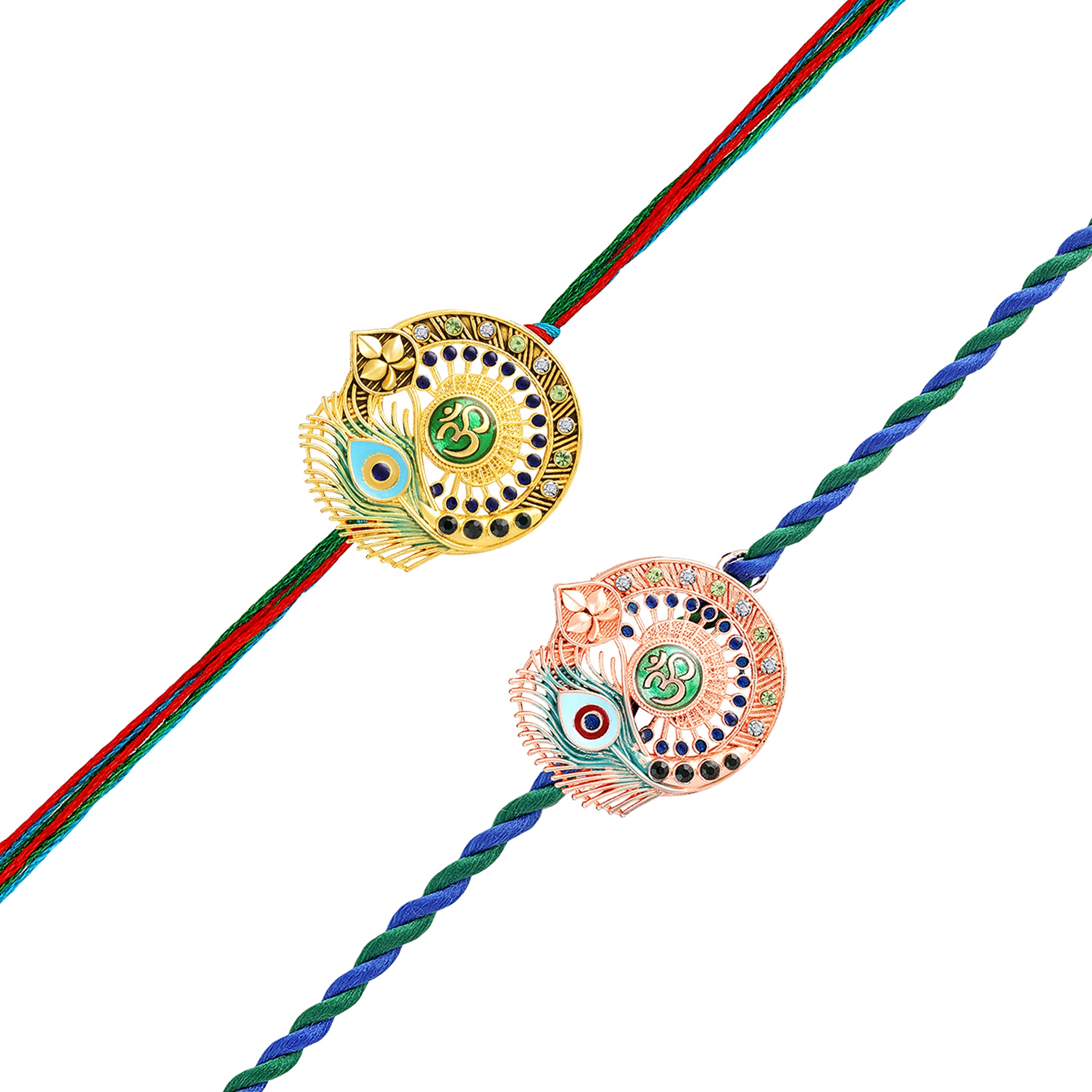 Om & Peacock-Feather-Shaped Rakhi Combo Set of 2