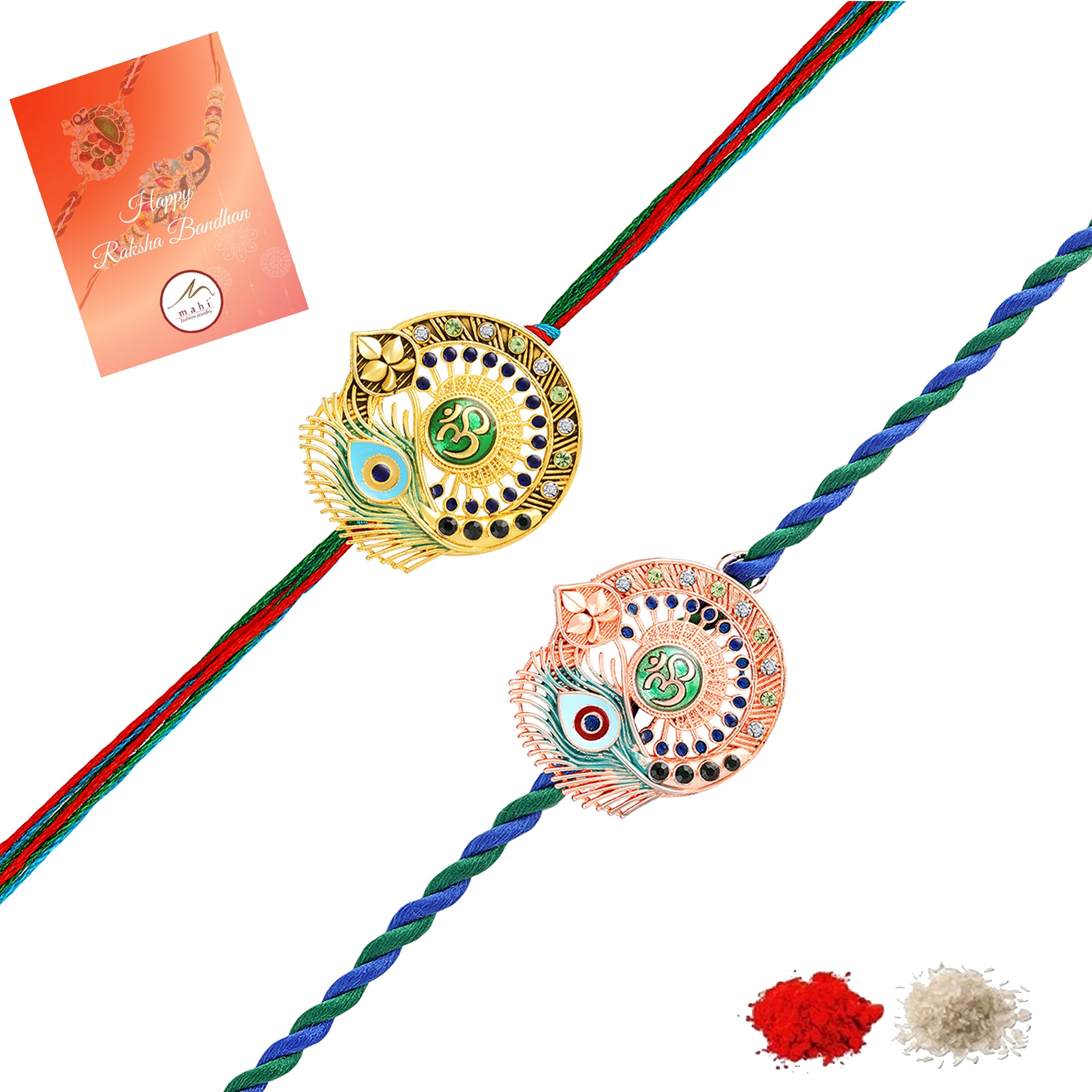 Om & Peacock-Feather-Shaped Rakhi Combo Set of 2