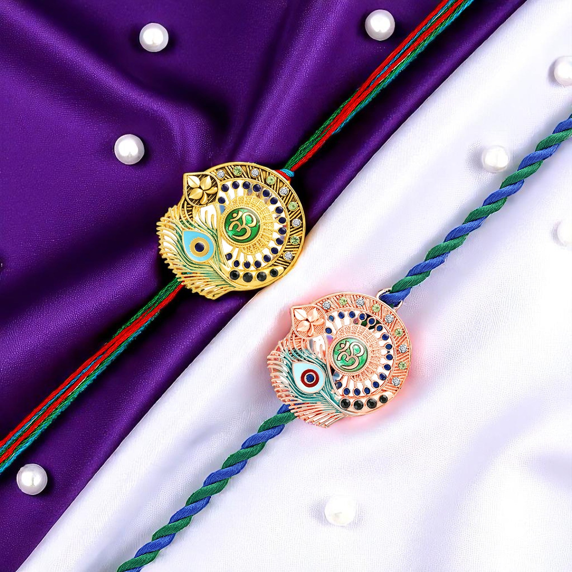 Om & Peacock-Feather-Shaped Rakhi Combo Set of 2