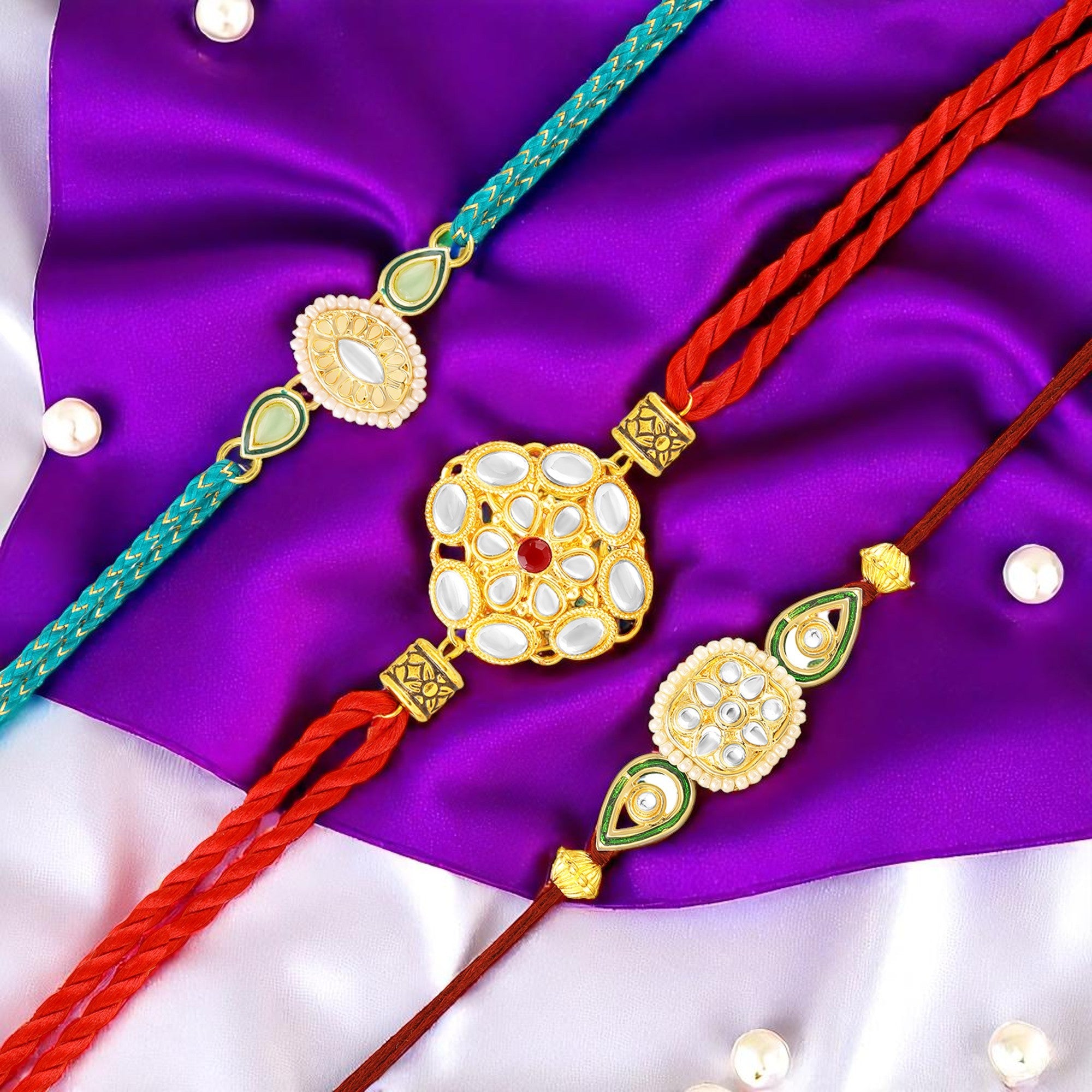 Traditional Kundan Rakhi Combo Set of 3 for Brother