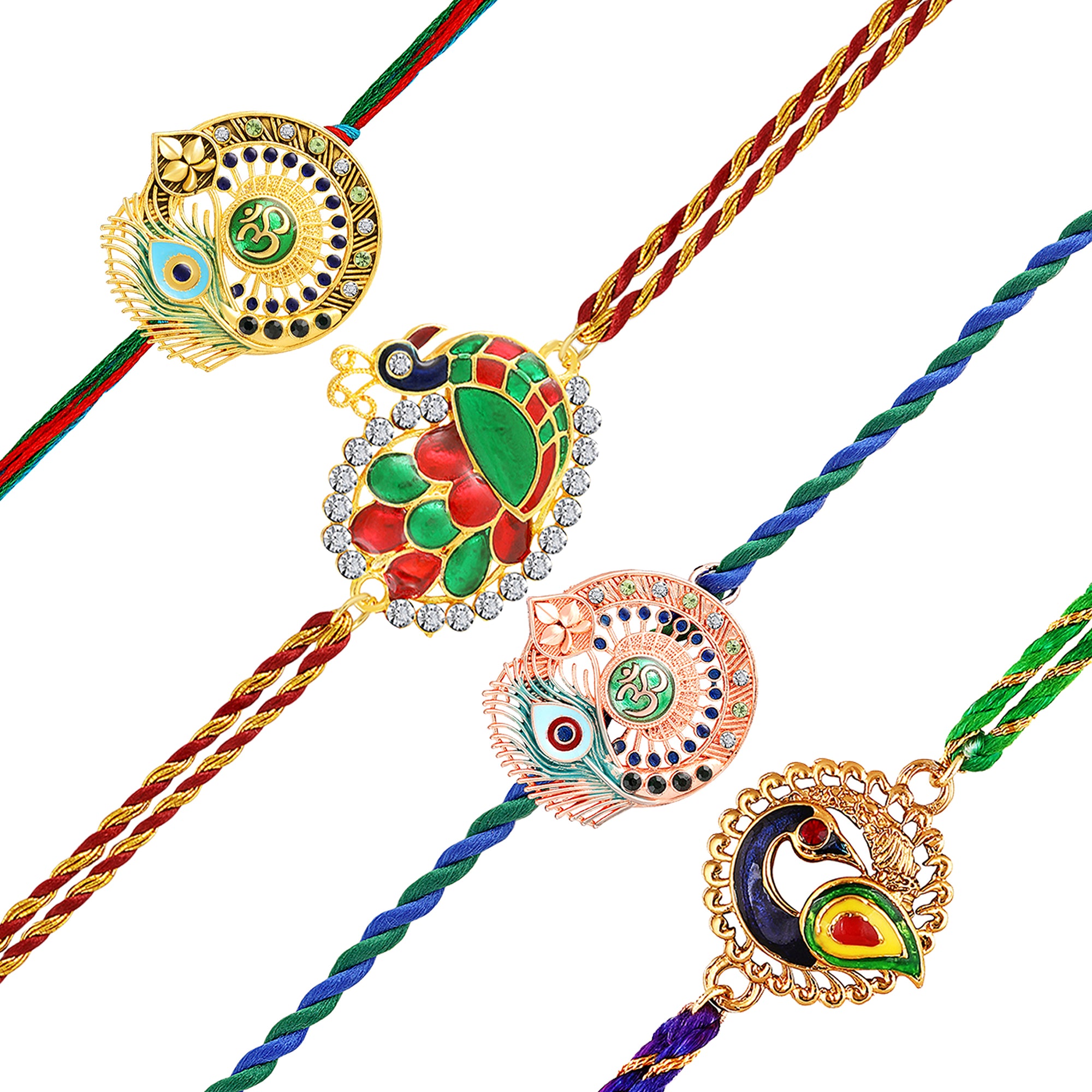 Om & Peacock-Feather-Shaped Rakhi Combo Set of 4