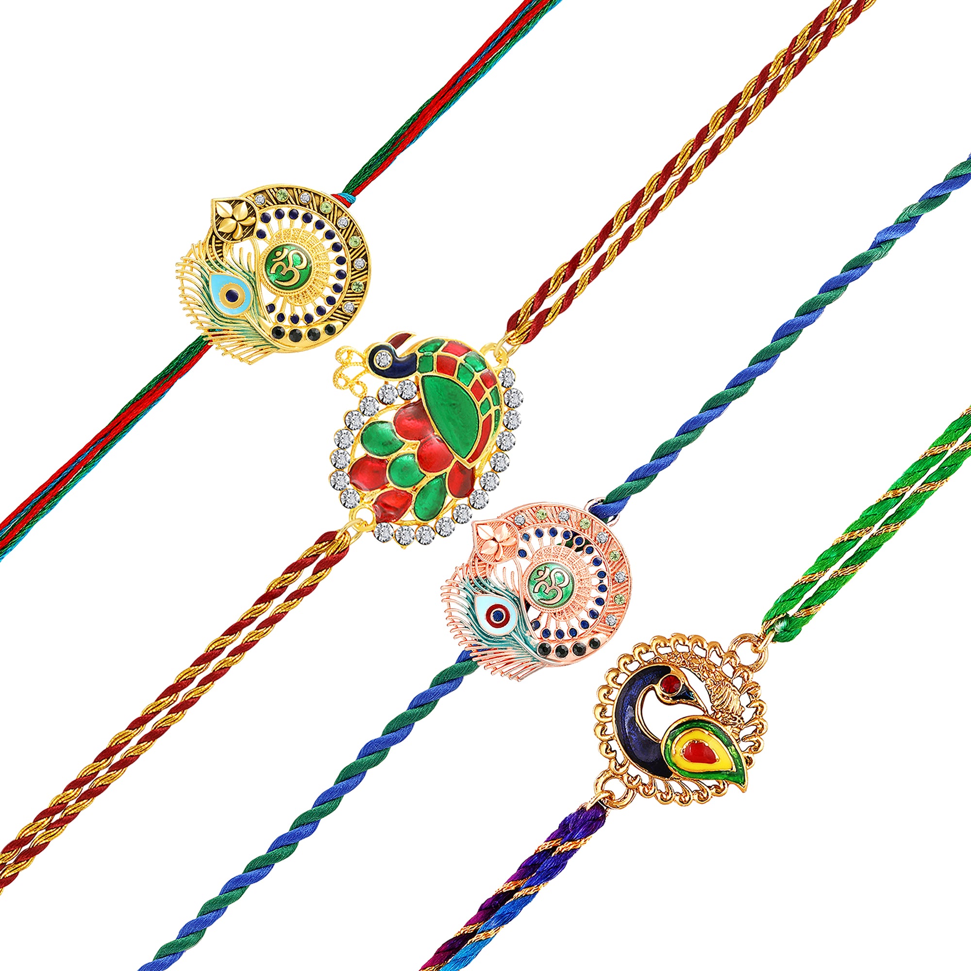 Om & Peacock-Feather-Shaped Rakhi Combo Set of 4
