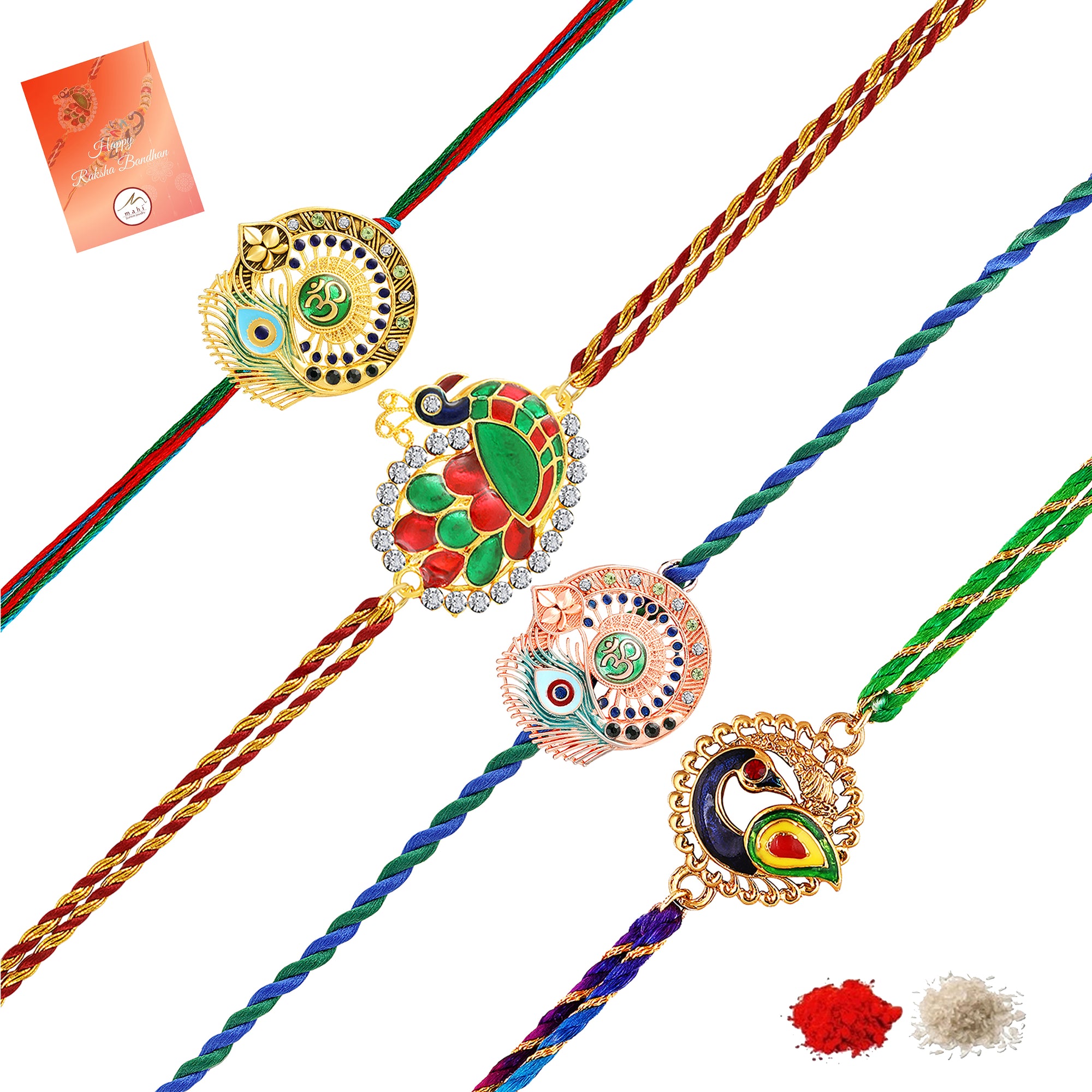 Om & Peacock-Feather-Shaped Rakhi Combo Set of 4