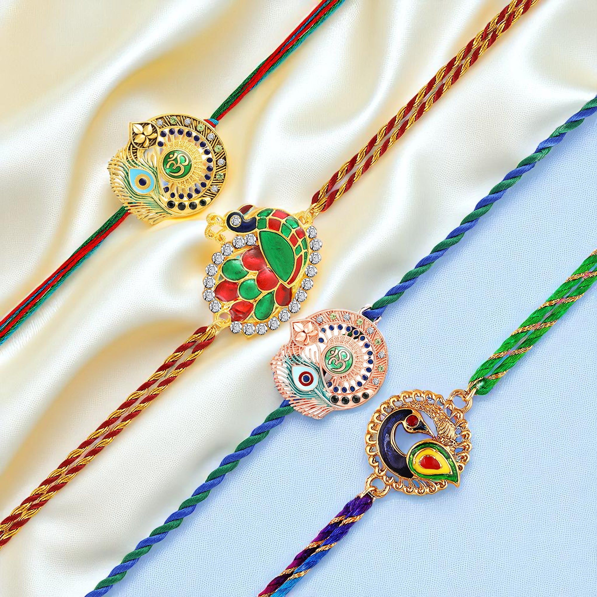 Om & Peacock-Feather-Shaped Rakhi Combo Set of 4
