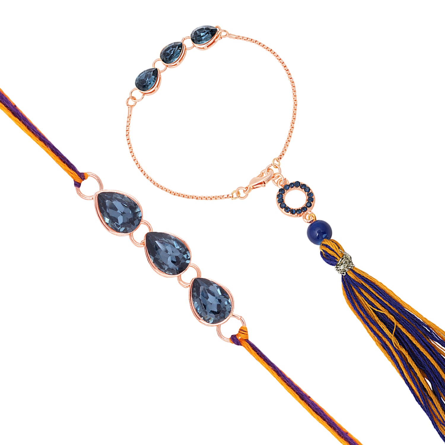 Water Drop Monatana Blue Crystal Couple Rakhi Combo for Bhai and Bhabhi
