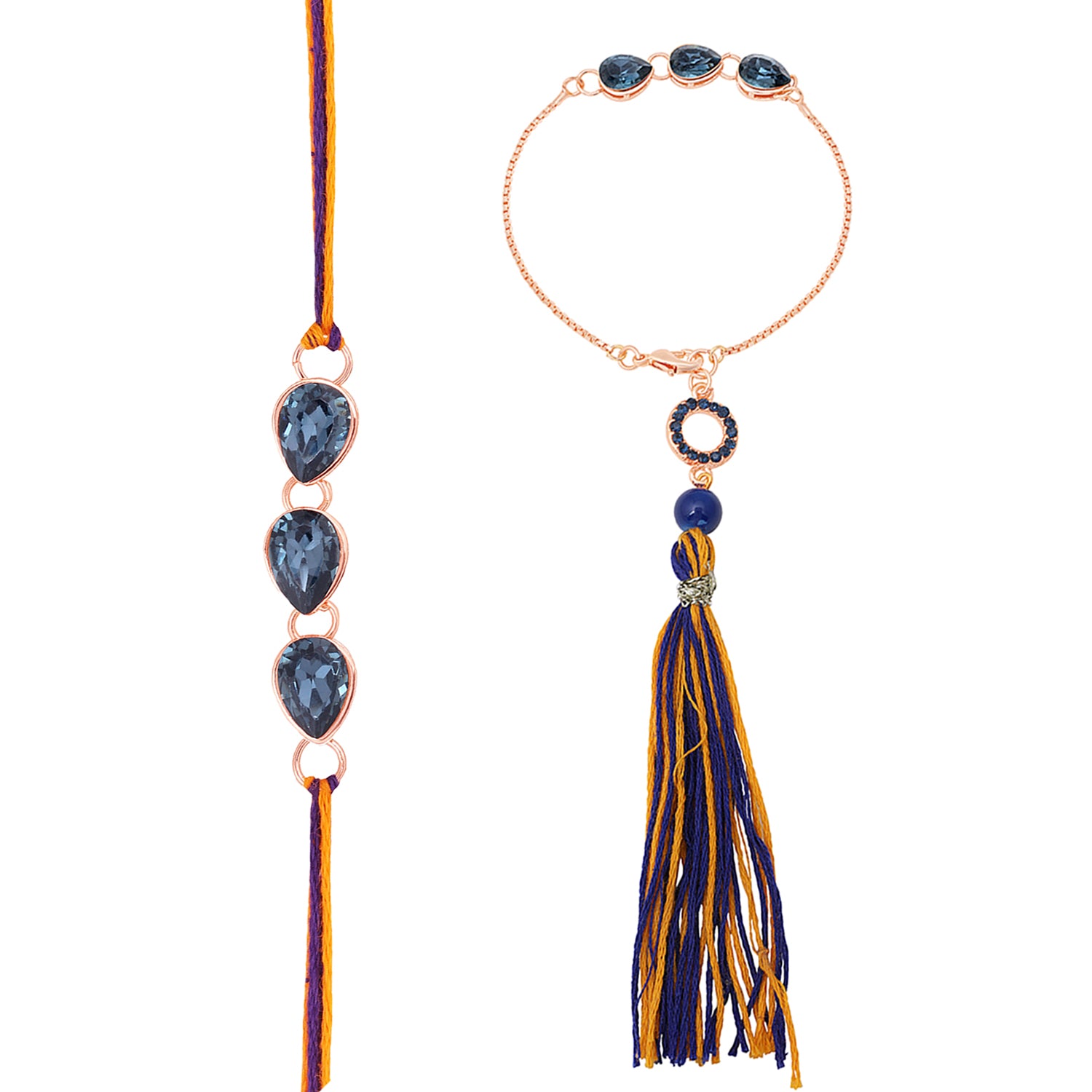 Water Drop Monatana Blue Crystal Couple Rakhi Combo for Bhai and Bhabhi