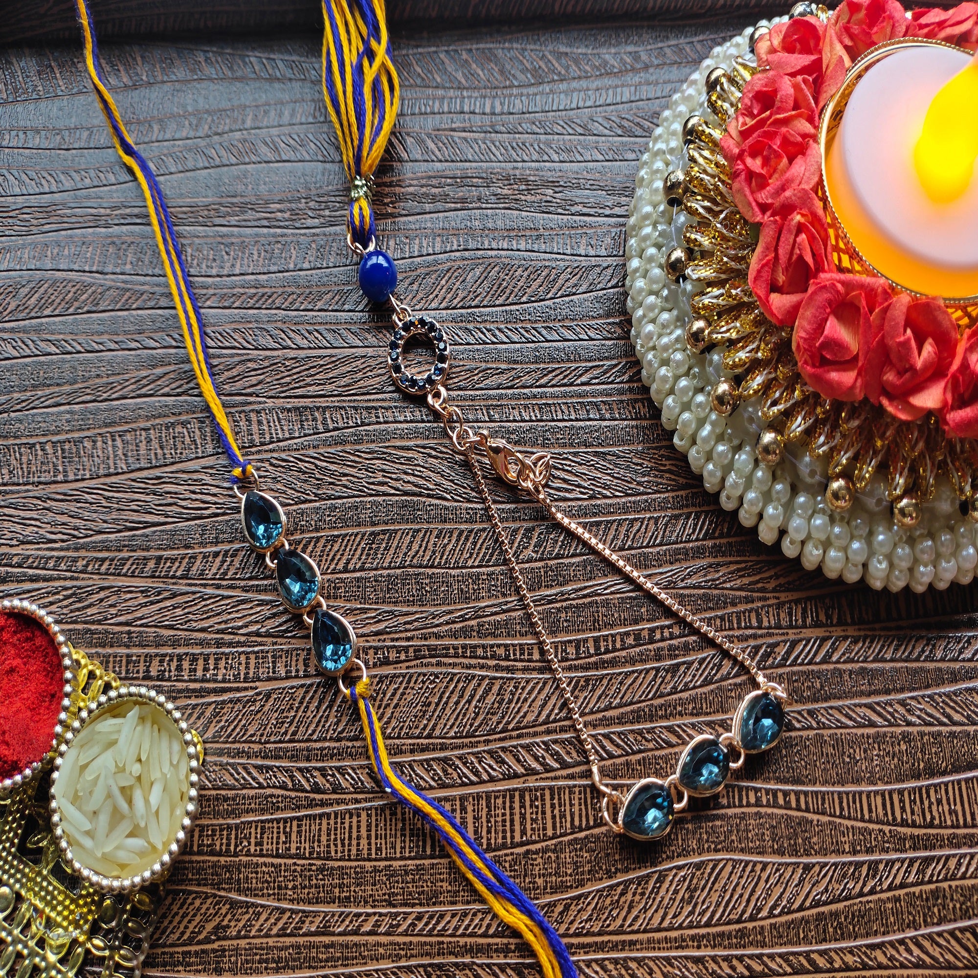 Water Drop Monatana Blue Crystal Couple Rakhi Combo for Bhai and Bhabhi