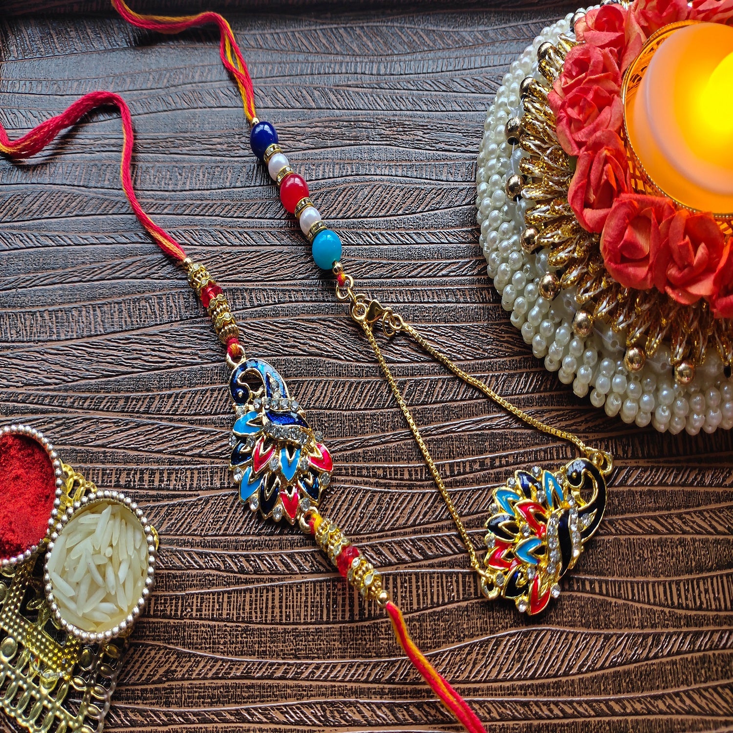 Peacock Shaped Meenakari Work Bhaiya Bhabhi Rakhi