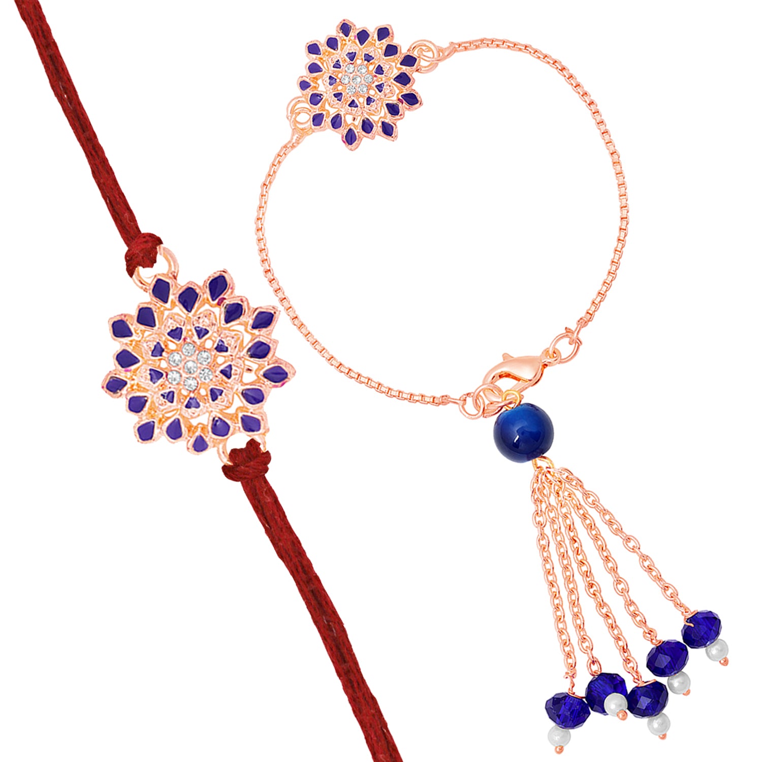 Blue Meena Work Enamel Floral Bhaiya Bhabhi Rakhi