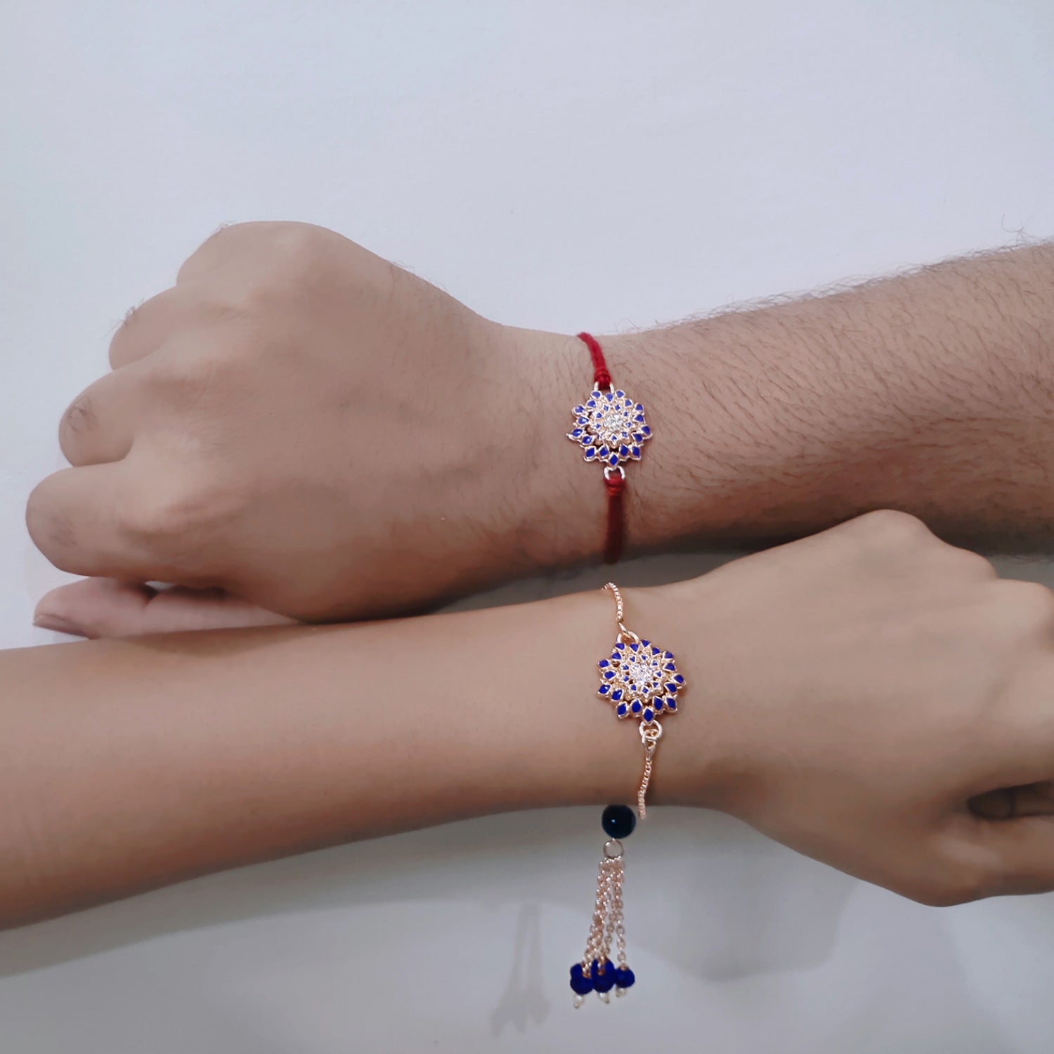 Blue Meena Work Enamel Floral Bhaiya Bhabhi Rakhi