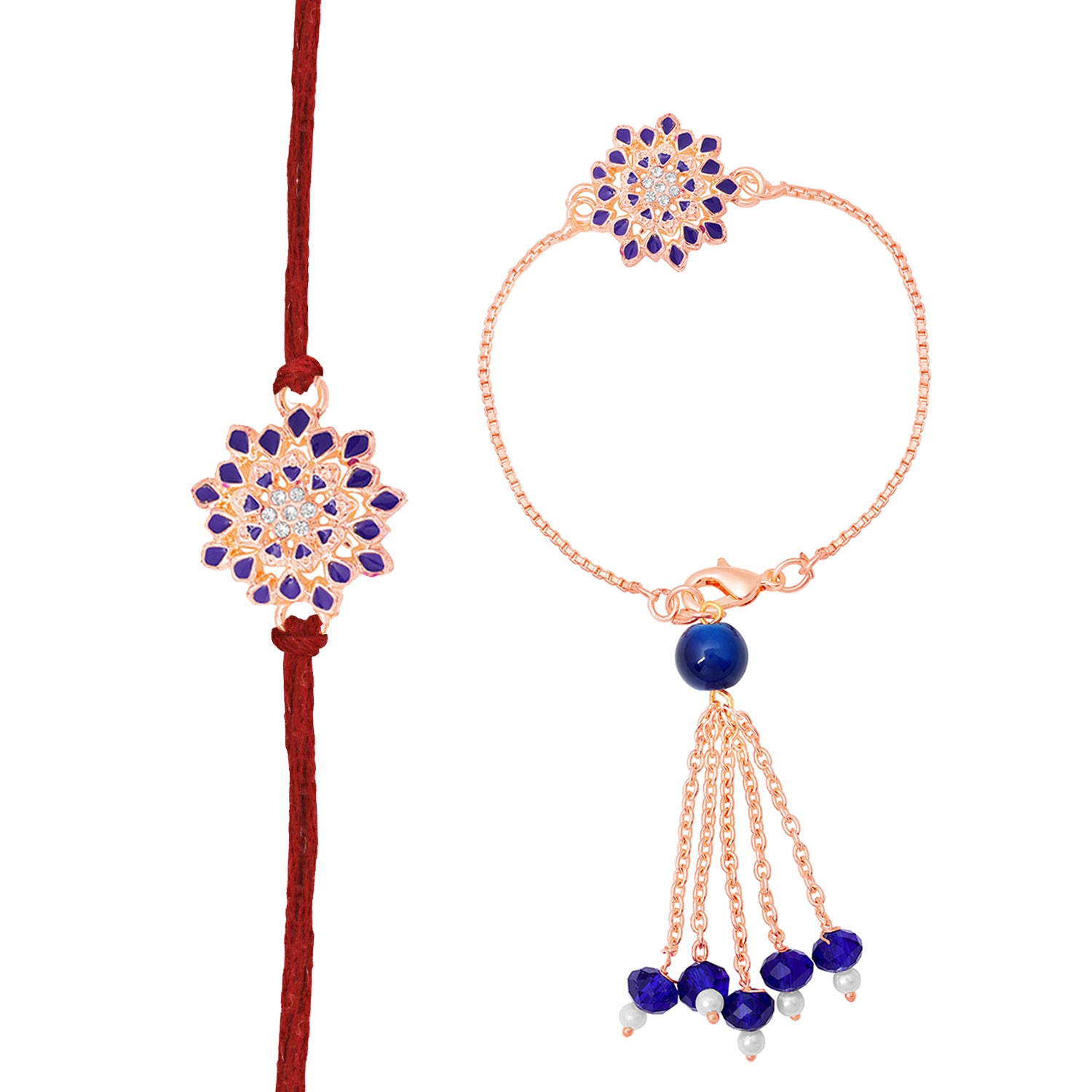 Blue Meena Work Enamel Floral Bhaiya Bhabhi Rakhi