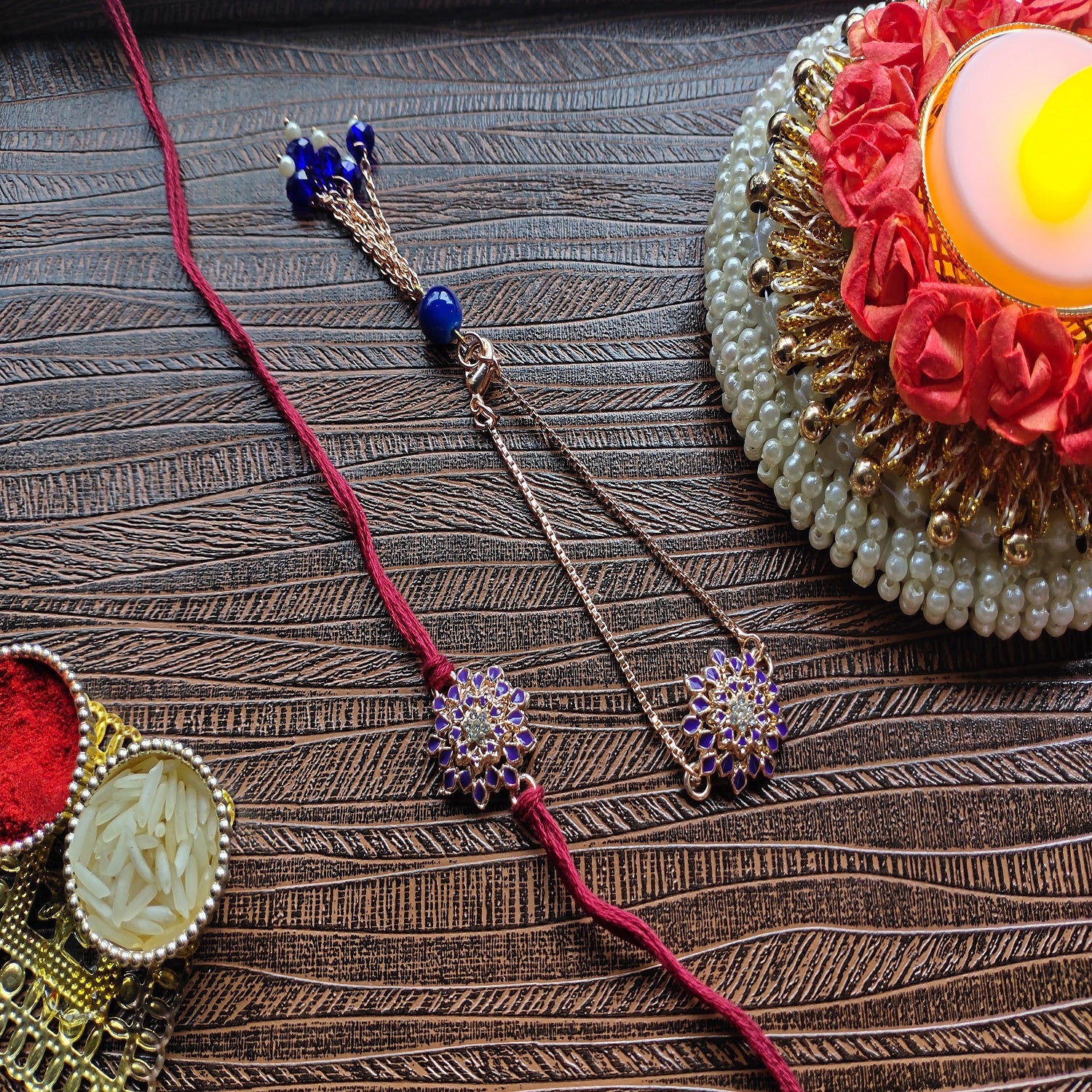 Blue Meena Work Enamel Floral Bhaiya Bhabhi Rakhi