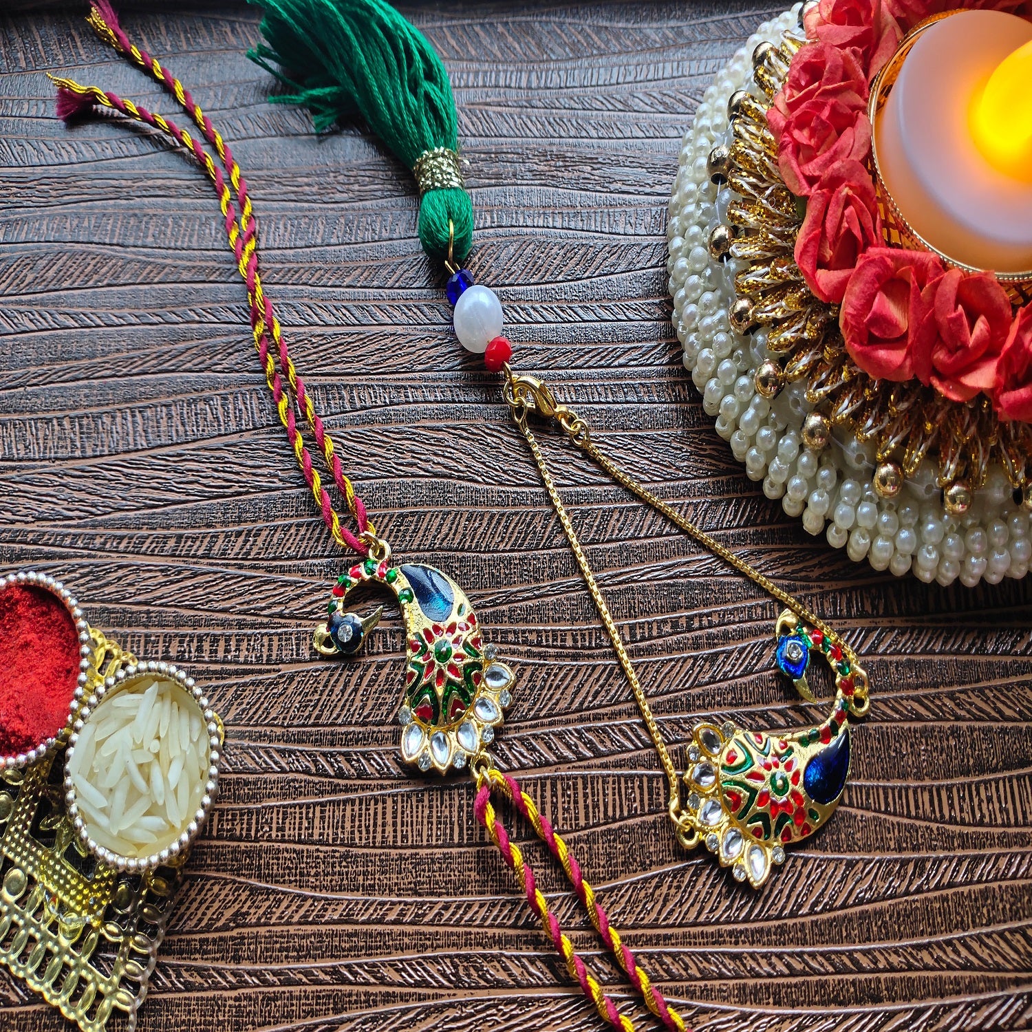 Peacock Shaped Meenakari Bhaiya Bhabhi Rakhi