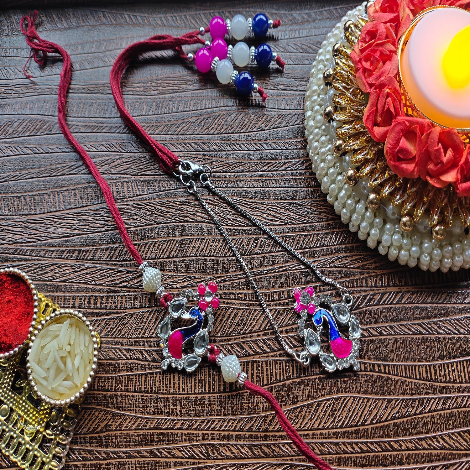 Peacock Shaped Meenakari Work Bhaiya Bhabhi Rakhi