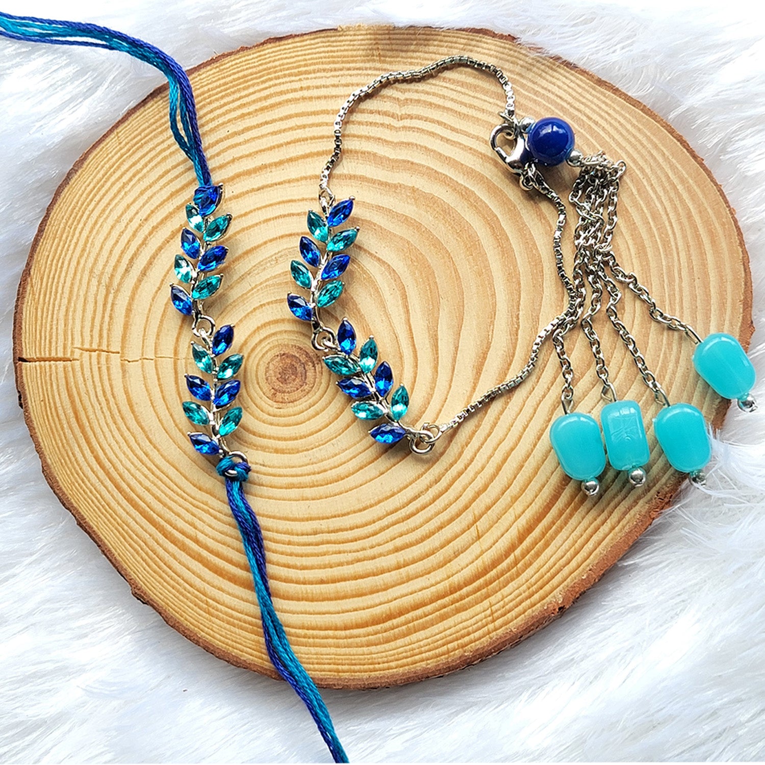 Leafe Shape Crystals Rakhi Combo for Bhaiya and Bhabhi