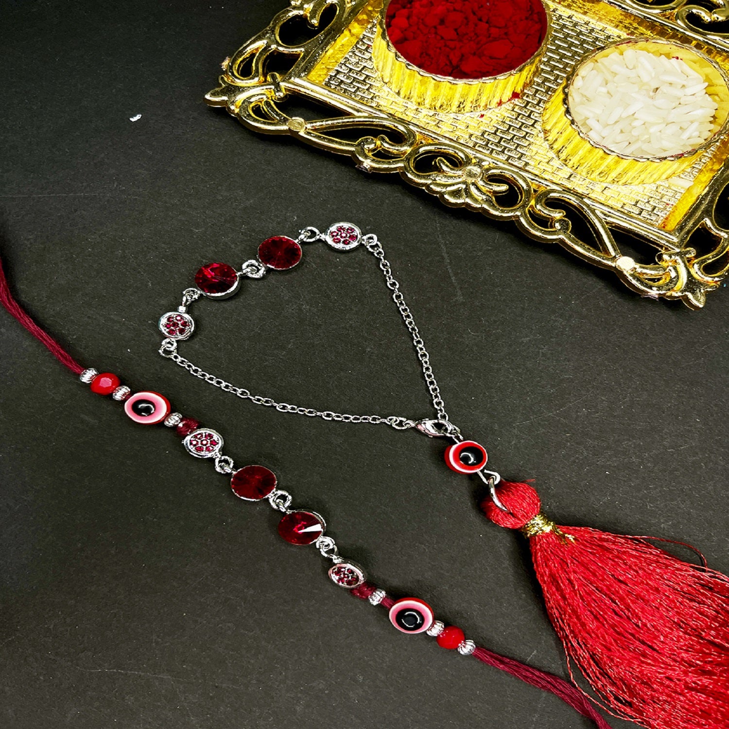 Red Evil Eye with Sudded Crystals Couple Rakhi