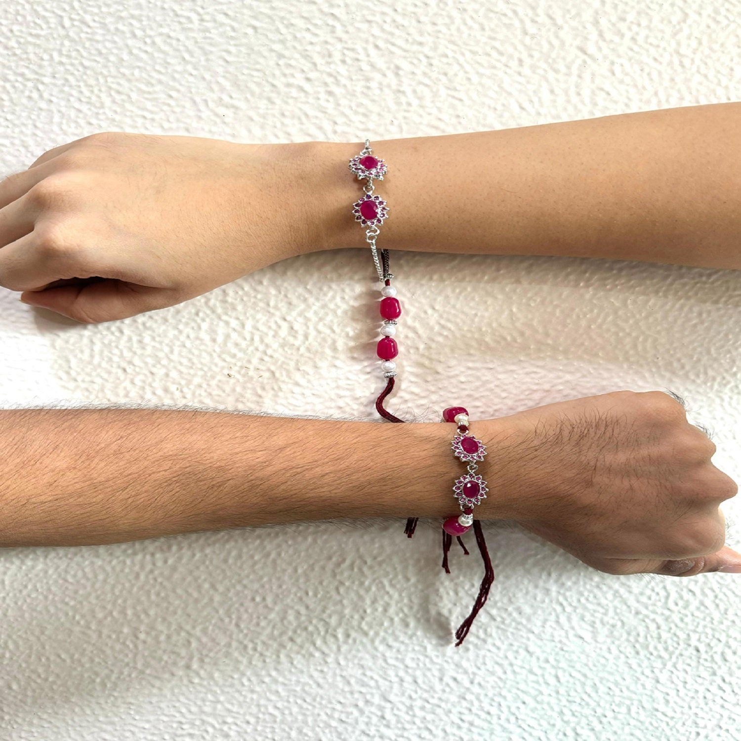 Pink Crystals Floral Couple Rakhi