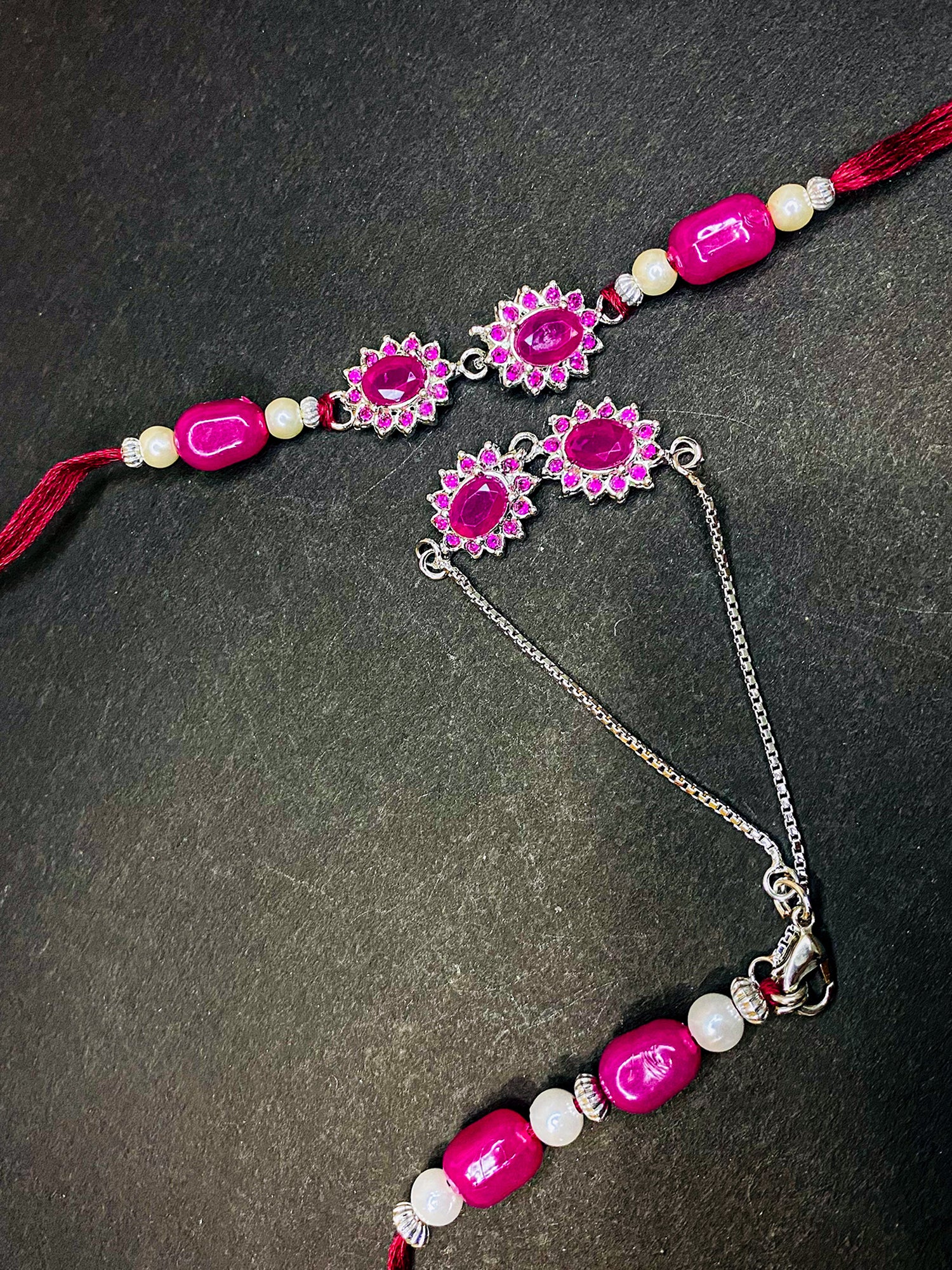 Pink Crystals Floral Couple Rakhi