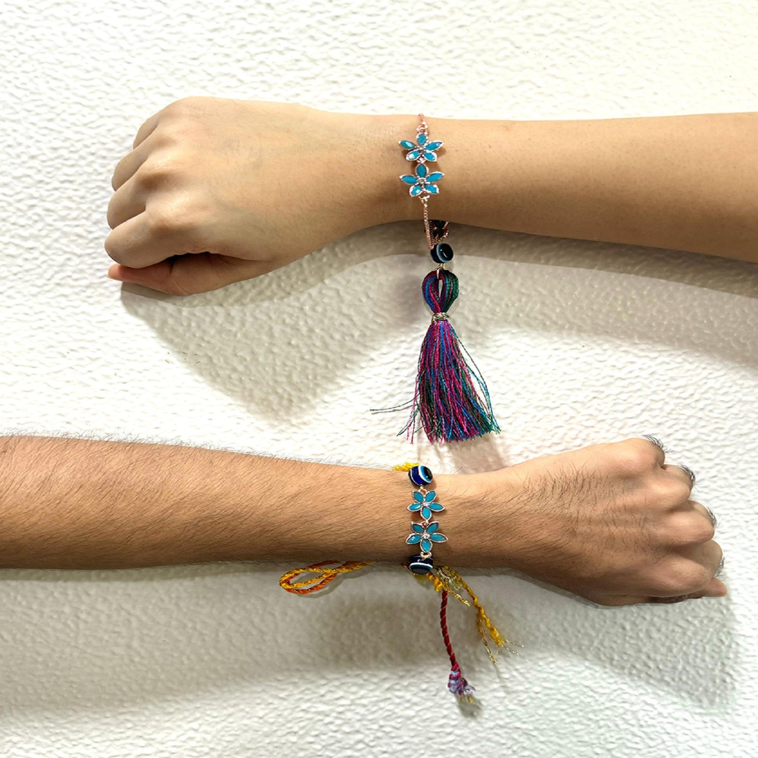 Blue Crystals Floral and Evil Eye Couple Rakhi