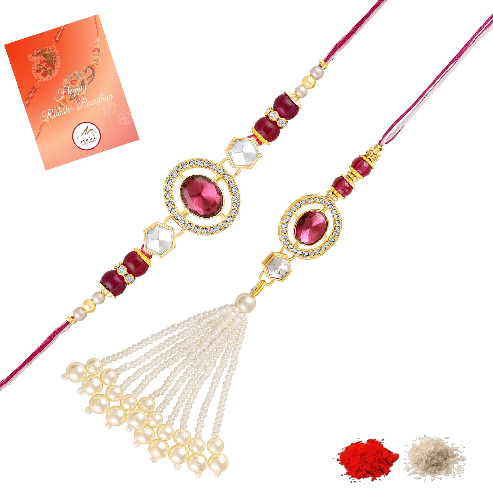 Elegant Kundan Couple Rakhi Set with Pearl Tassels