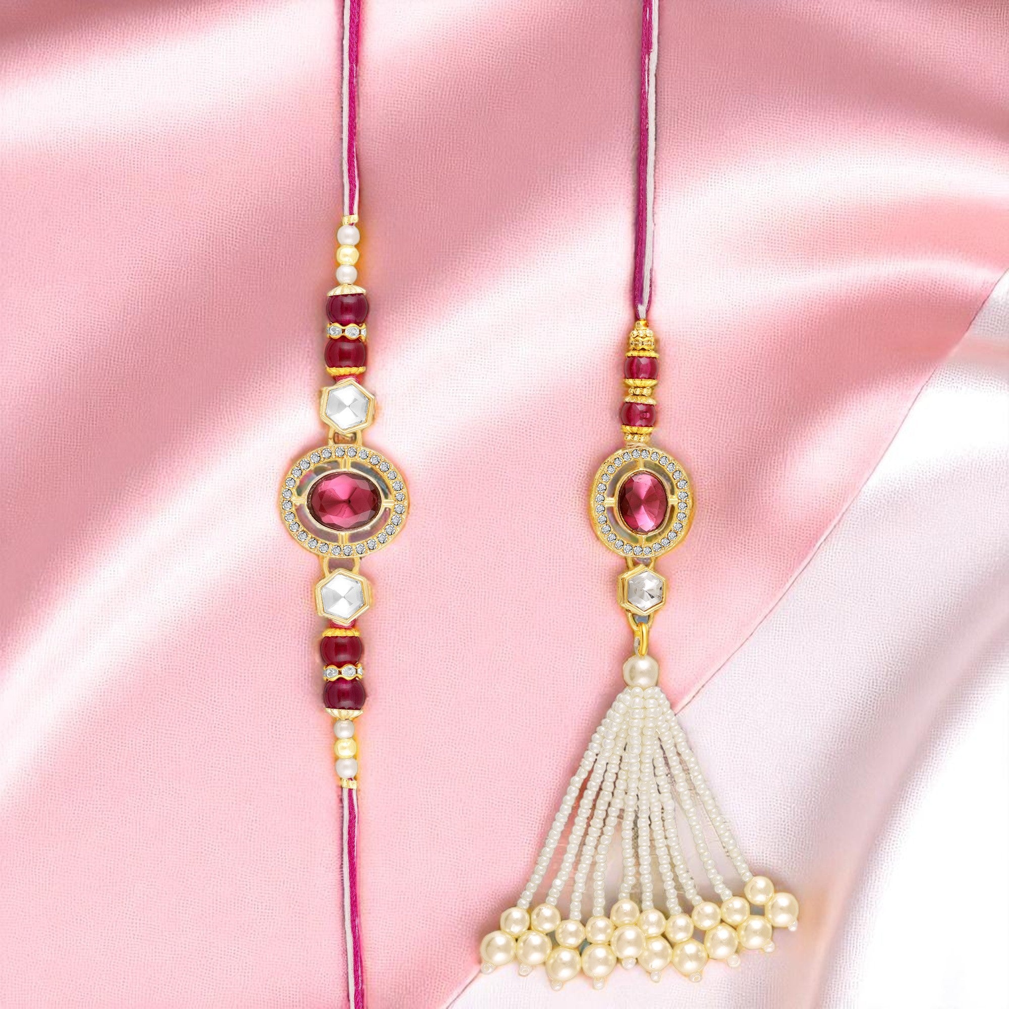 Elegant Kundan Couple Rakhi Set with Pearl Tassels