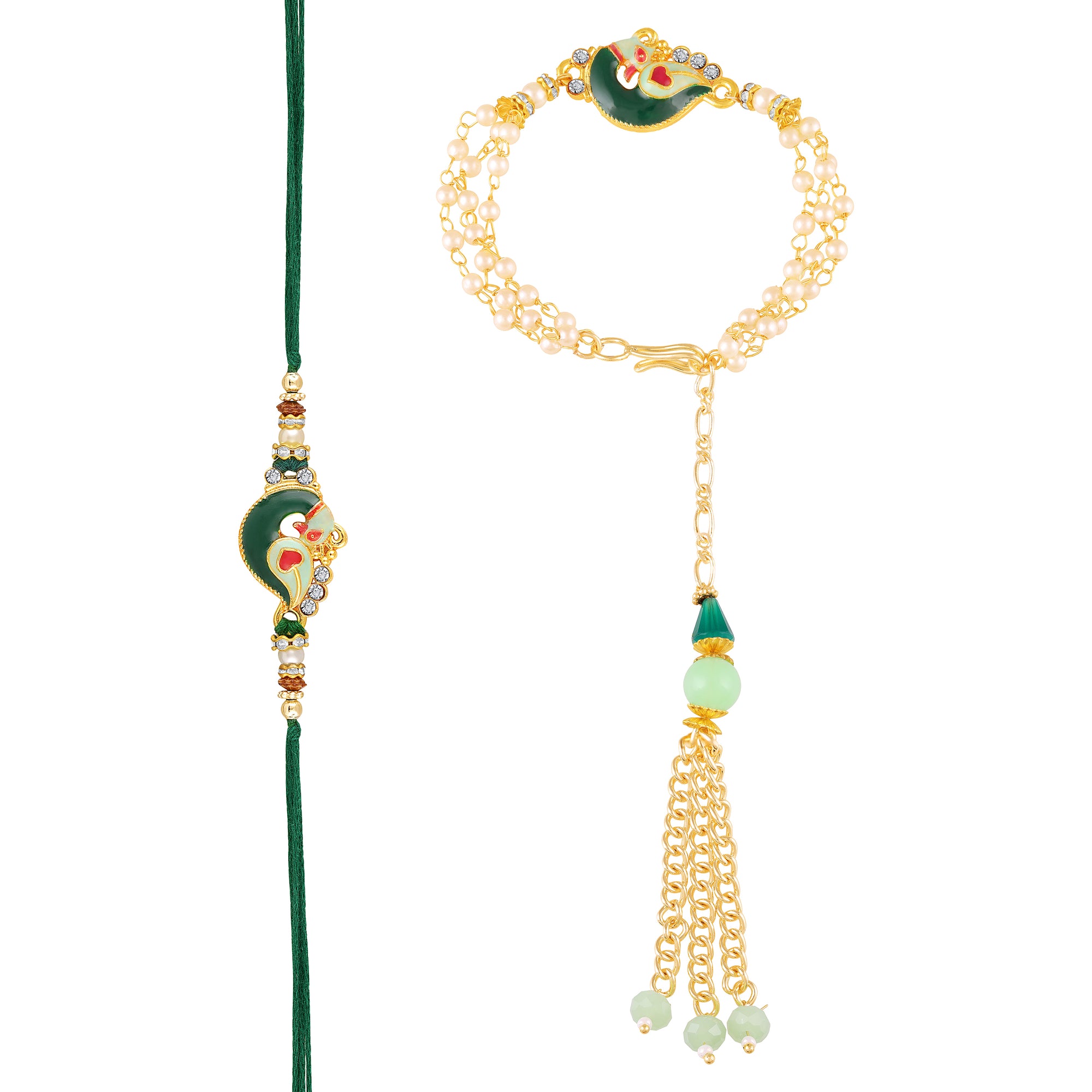 Peacock-Shaped Enamelled Couple Rakhi Set