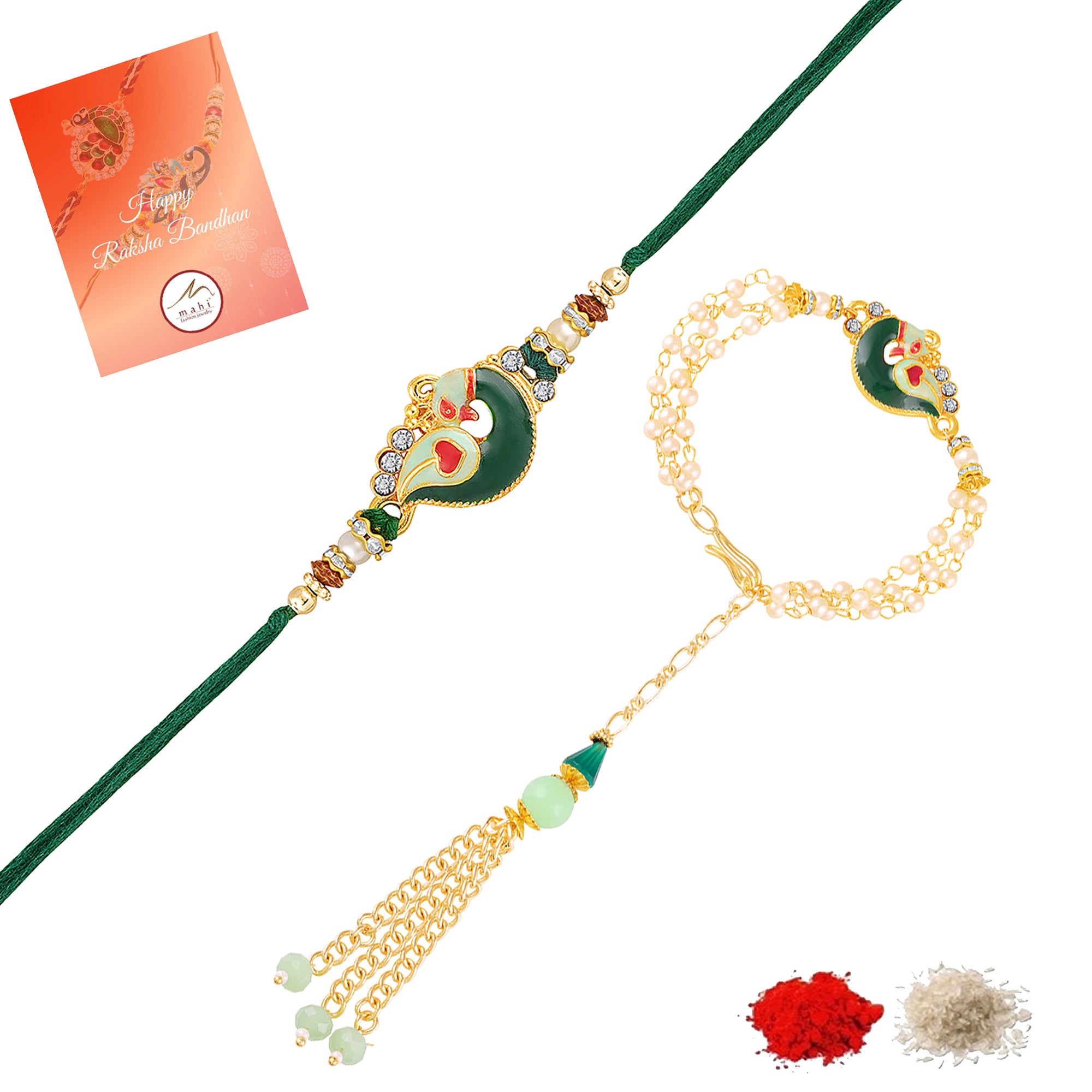 Peacock-Shaped Enamelled Couple Rakhi Set