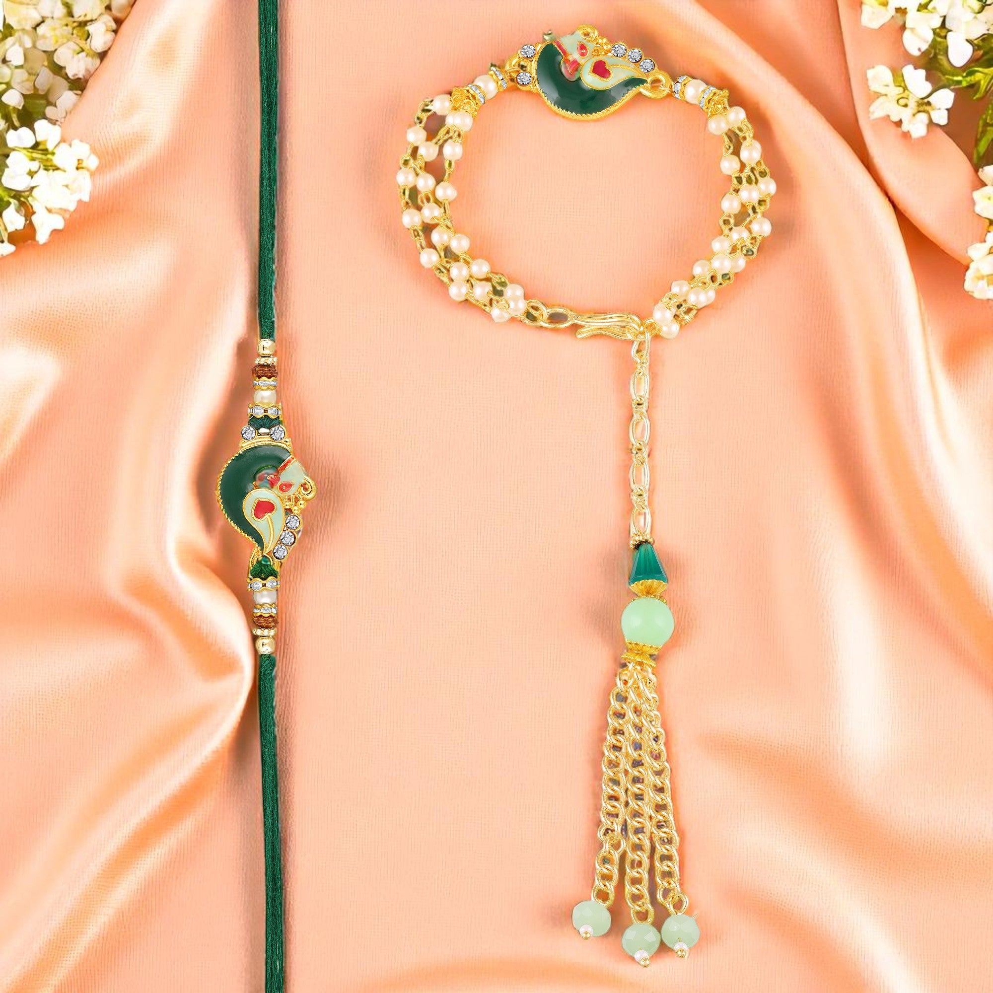 Peacock-Shaped Enamelled Couple Rakhi Set