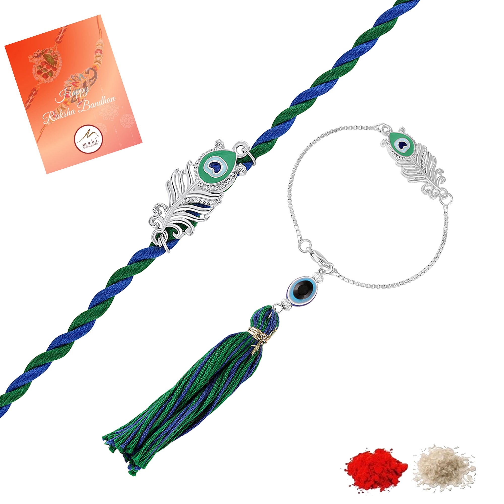 Peacock-Feather-Themed Couple Rakhi Set