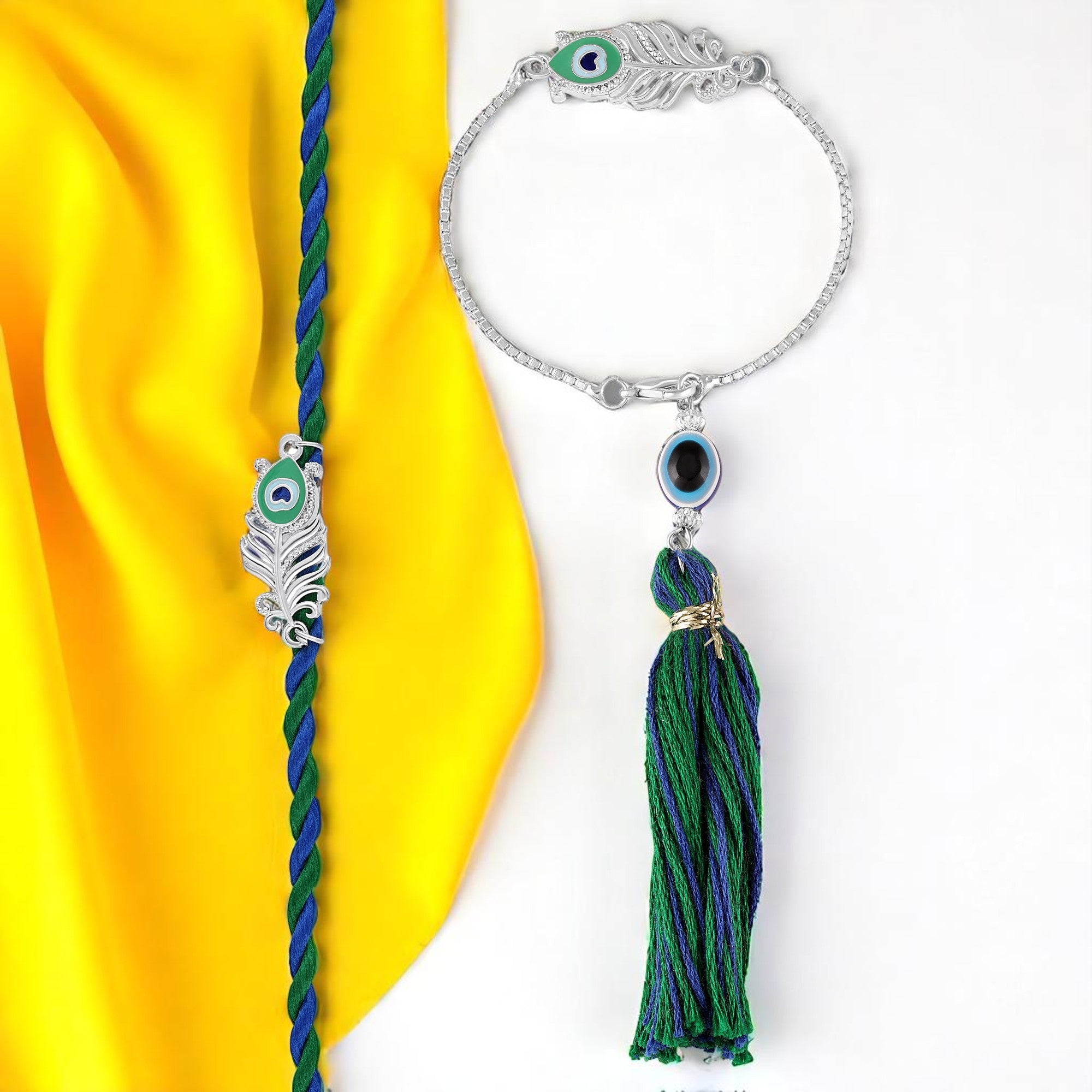 Peacock-Feather-Themed Couple Rakhi Set