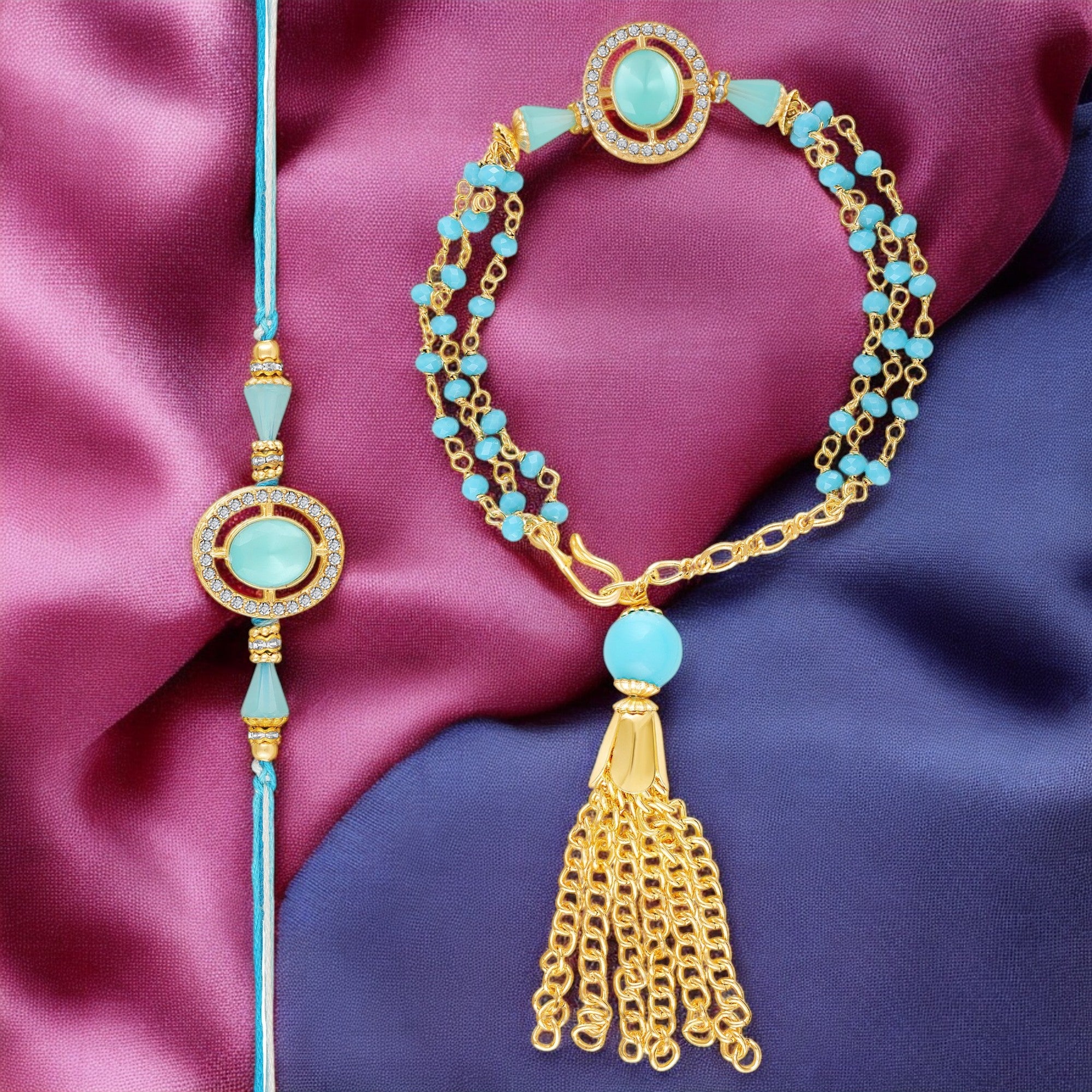 Sky Blue Couple Rakhi Set