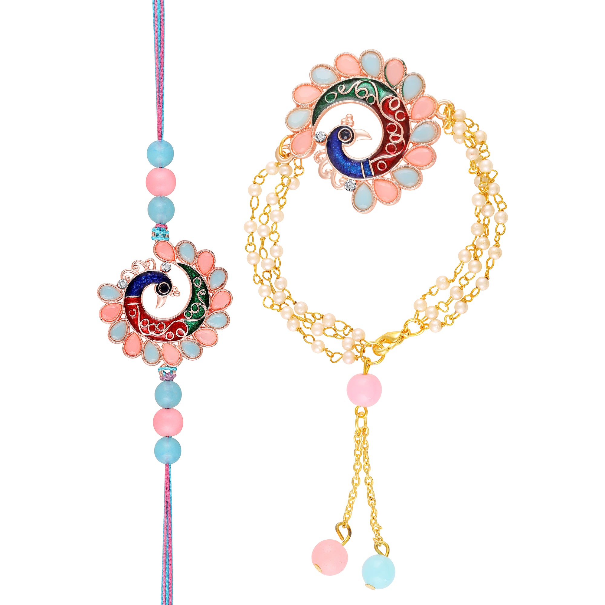 Colorful Peacock-Themed Couple Rakhi Set