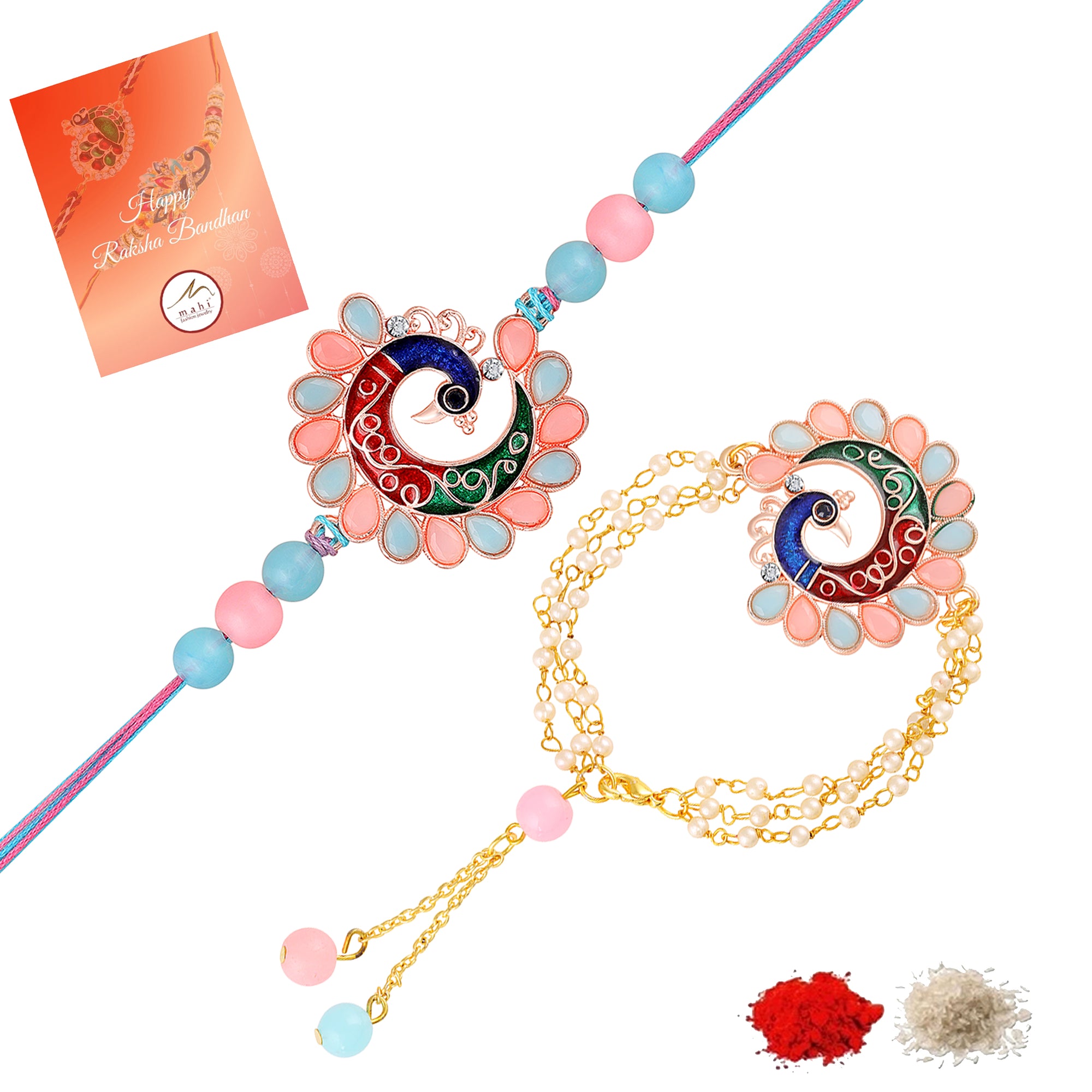 Colorful Peacock-Themed Couple Rakhi Set
