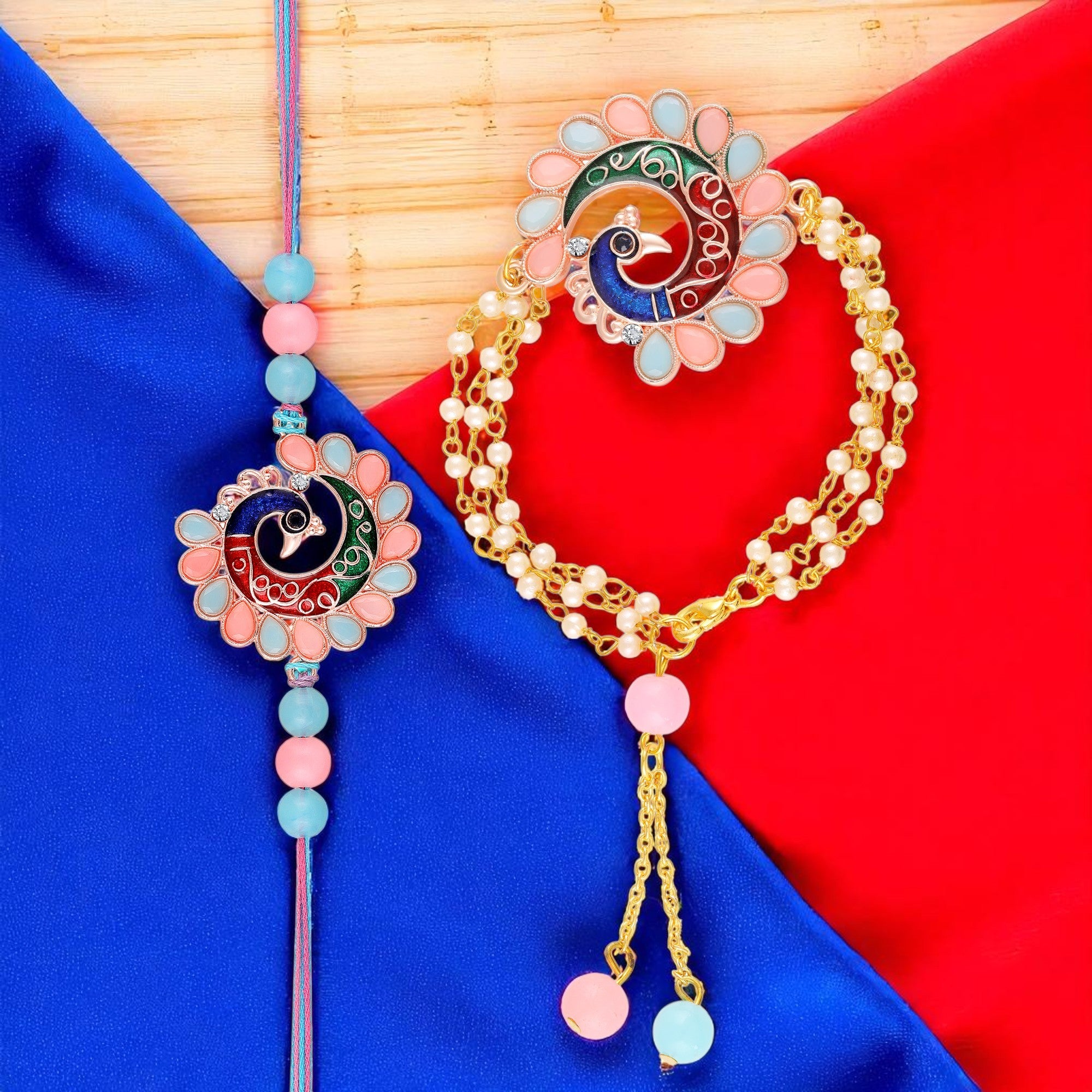 Colorful Peacock-Themed Couple Rakhi Set