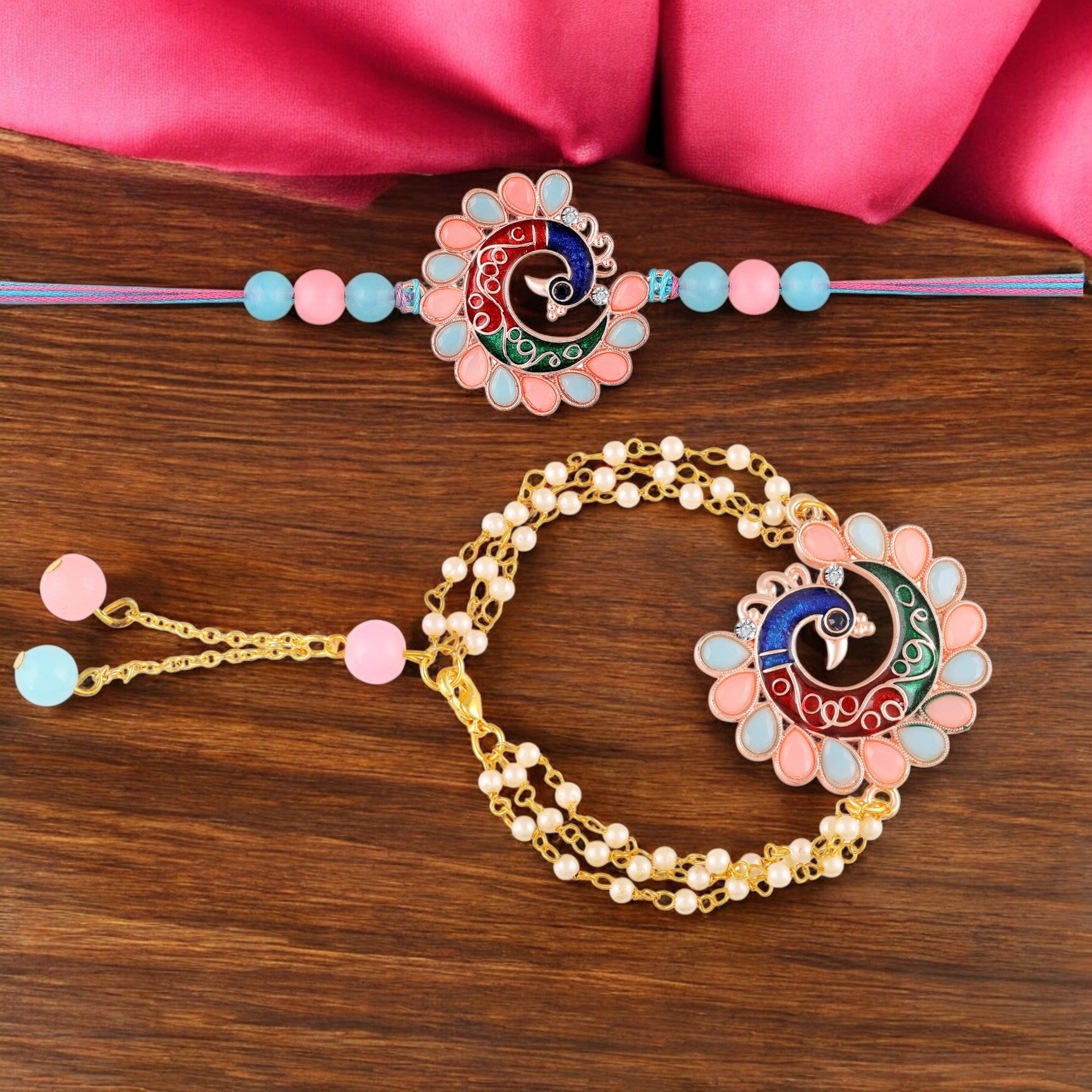 Colorful Peacock-Themed Couple Rakhi Set