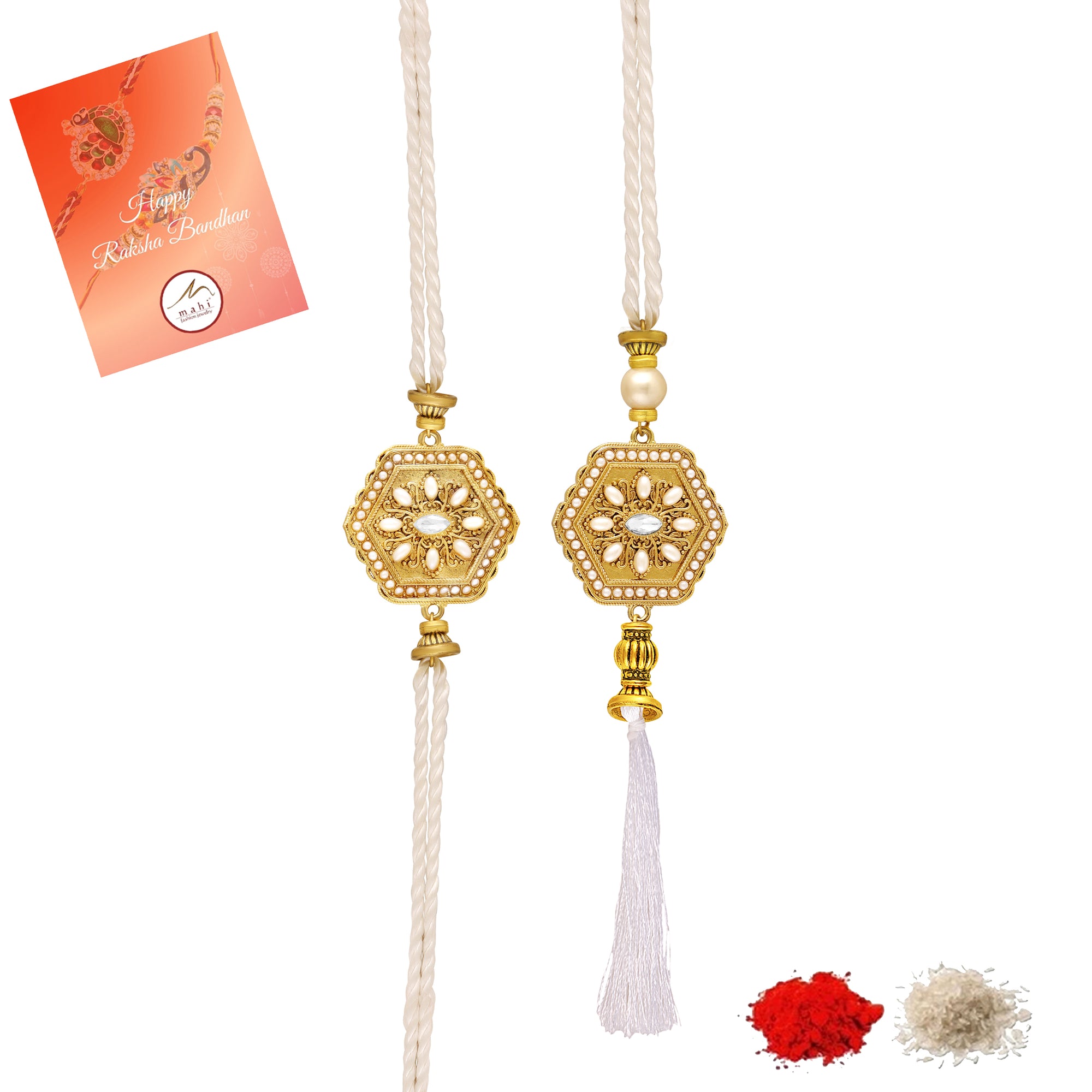 Royal White & Gold Couple Rakhi Set