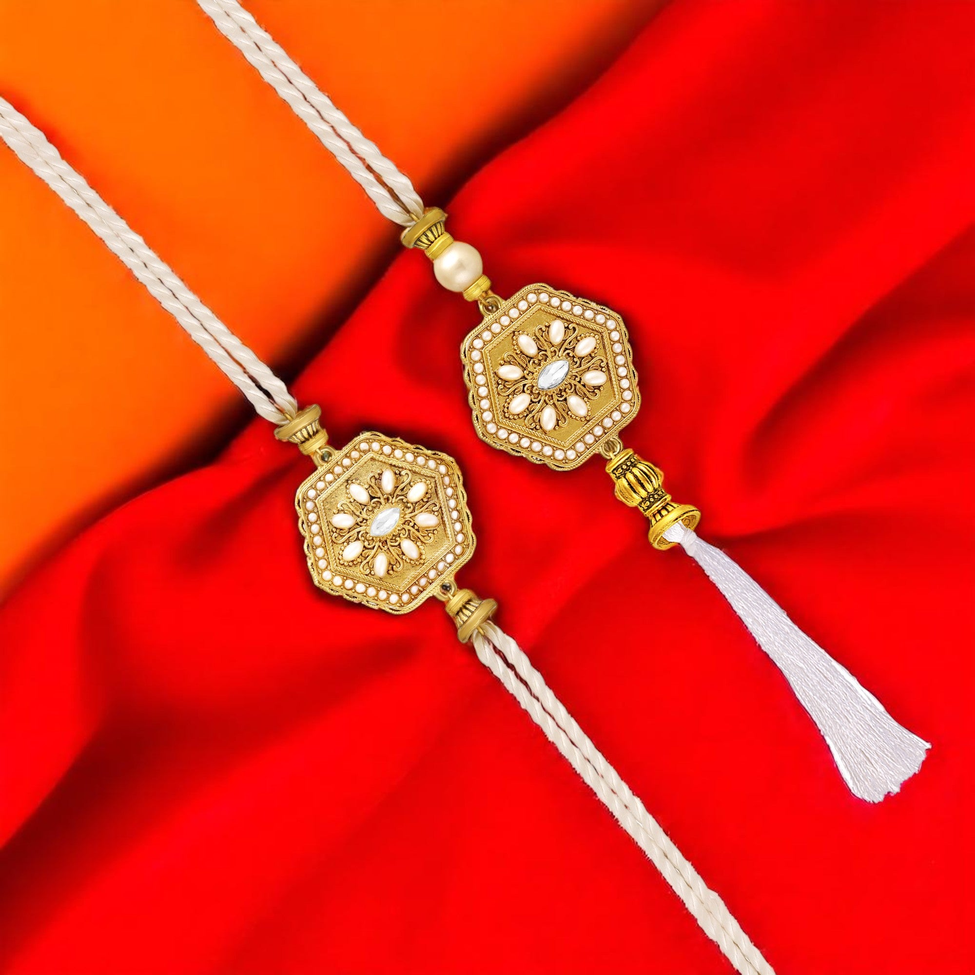 Royal White & Gold Couple Rakhi Set
