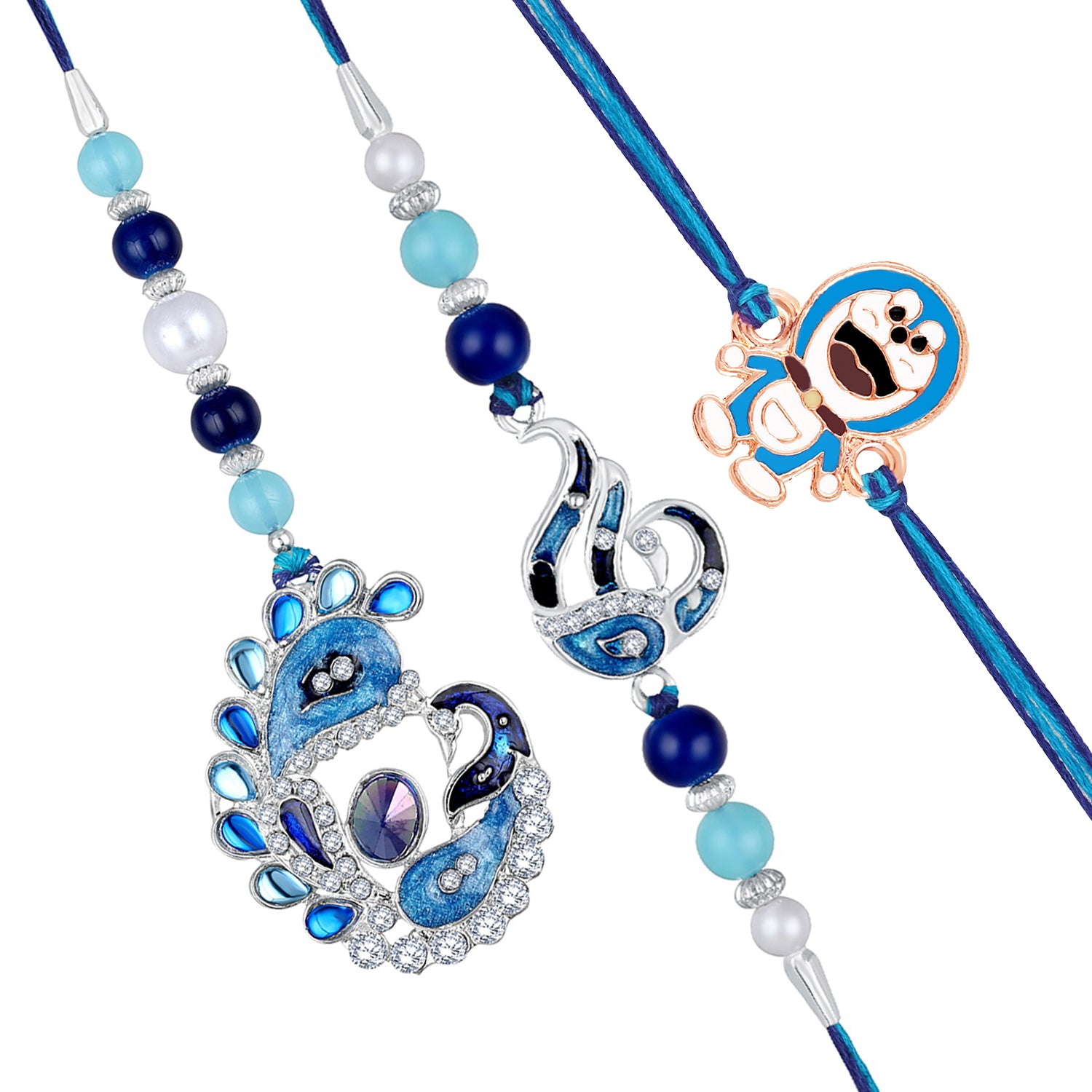 Combo of Peacock Shaped and Cartoon Meenakari Work Bhaiya Bhabhi Bhatija Rakhi