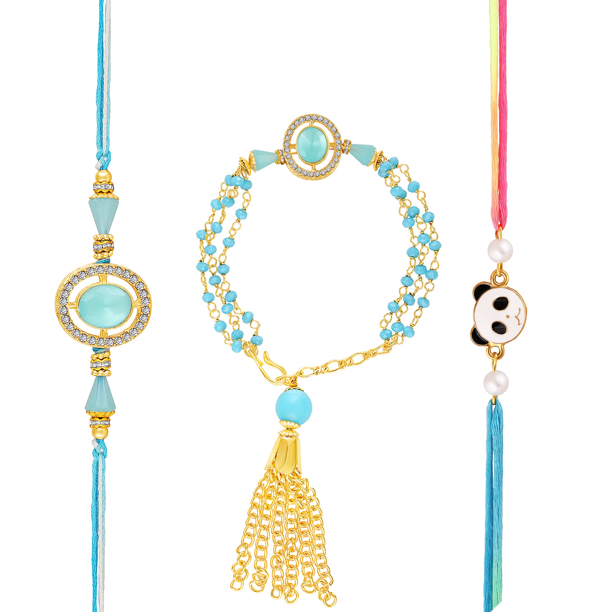 Blue Artificial Pearls Studded Combo of Bhaiya Bhabhi and Bhatija Rakhi Set