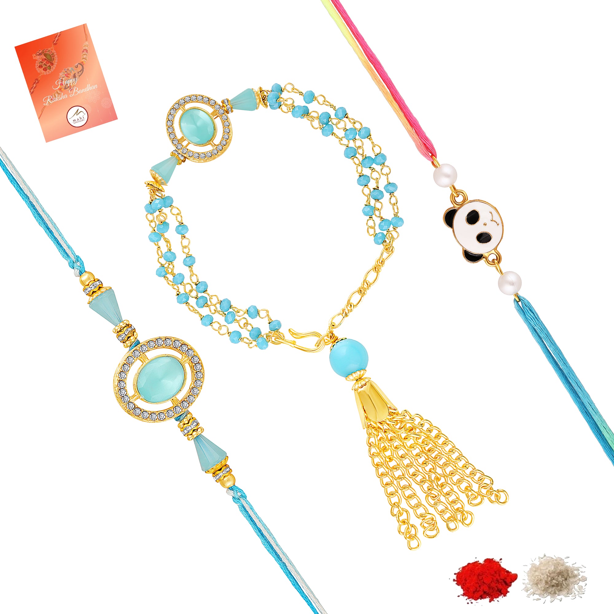 Blue Artificial Pearls Studded Combo of Bhaiya Bhabhi and Bhatija Rakhi Set