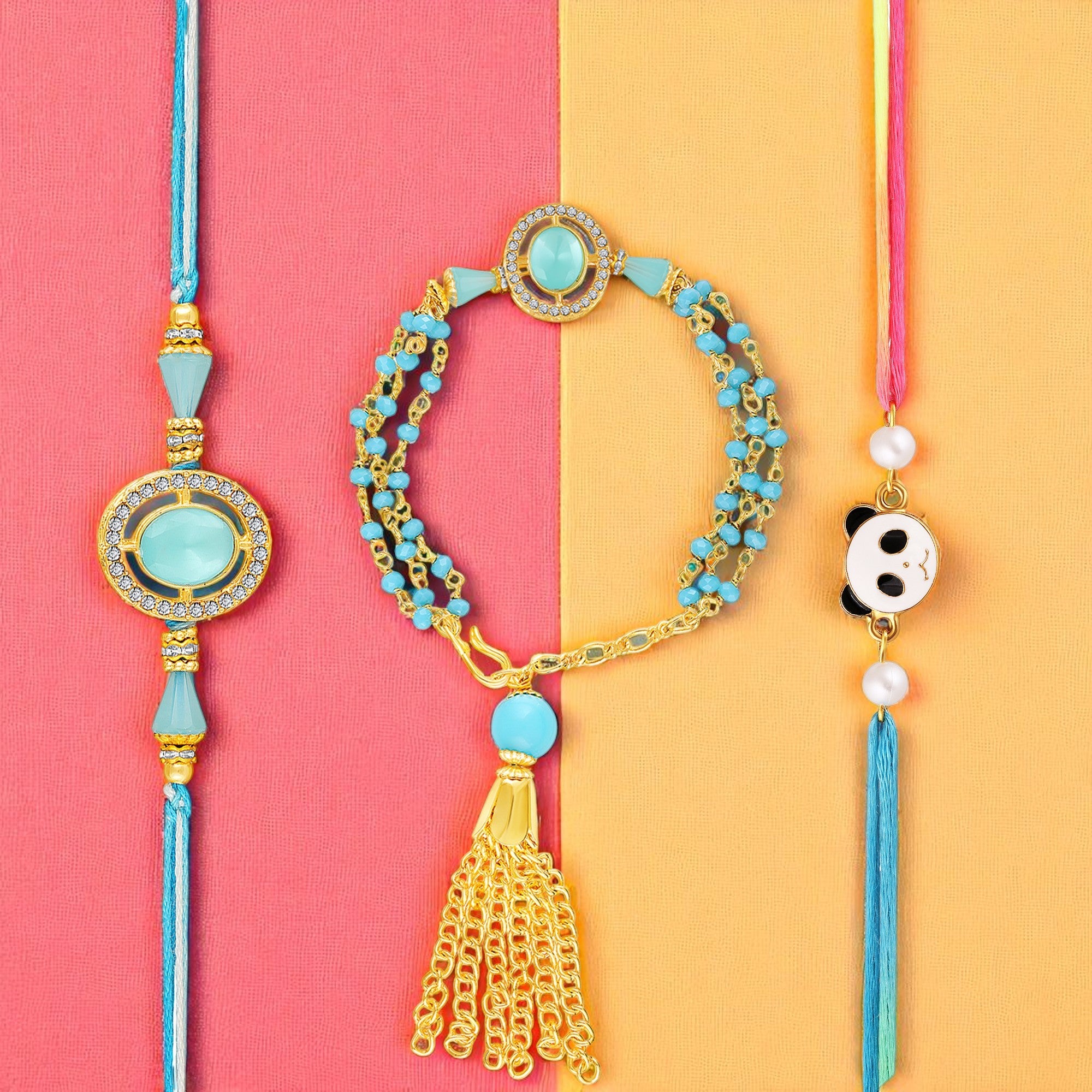 Blue Artificial Pearls Studded Combo of Bhaiya Bhabhi and Bhatija Rakhi Set