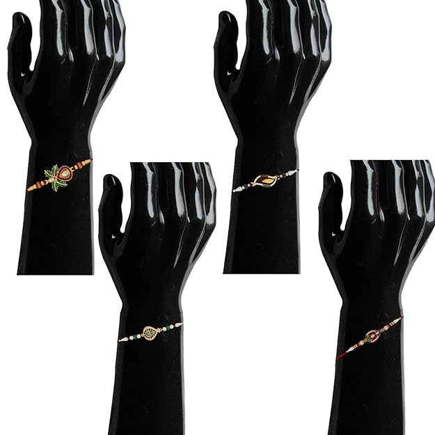 Combo of 4 Rakhi (Bracelet) with Rudraks, Crystal and Artificial Pearl
