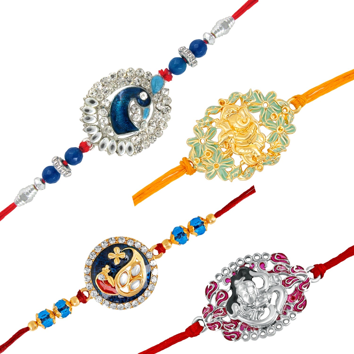 Lord Ganesha, Om Shiva, and Designer meenakari Peacock crystal studded Rakhis combo