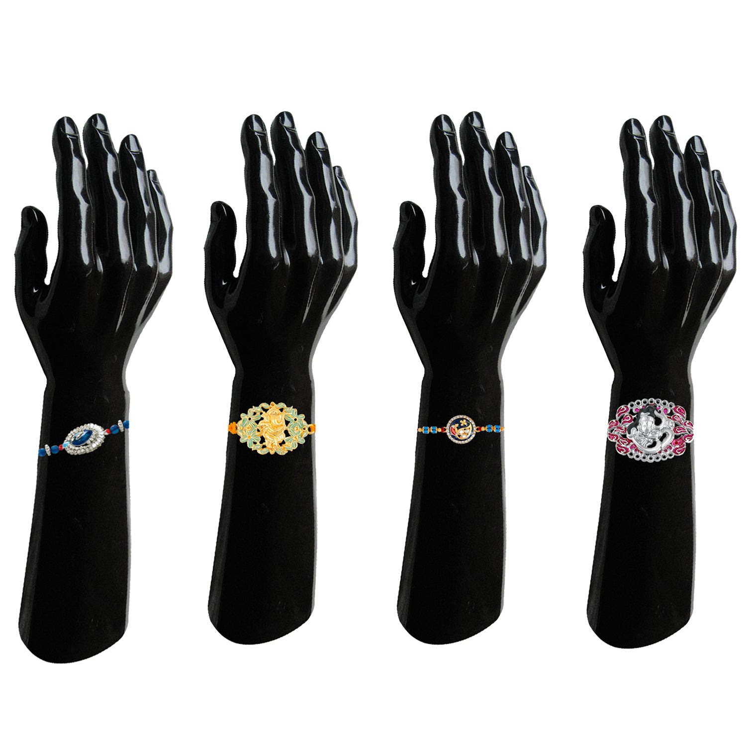 Lord Ganesha, Om Shiva, and Designer meenakari Peacock crystal studded Rakhis combo