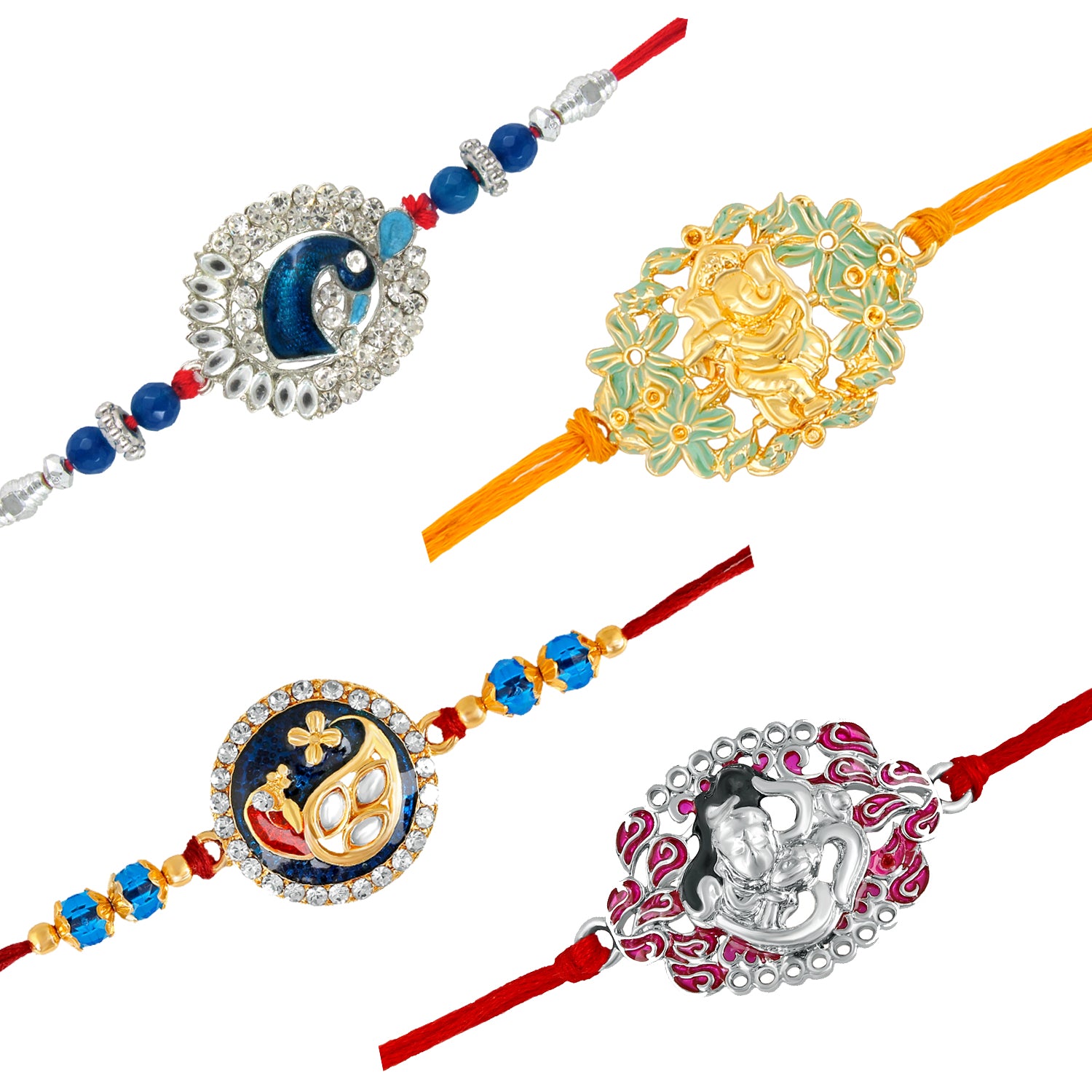 Lord Ganesha, Om Shiva, and Designer meenakari Peacock crystal studded Rakhis combo