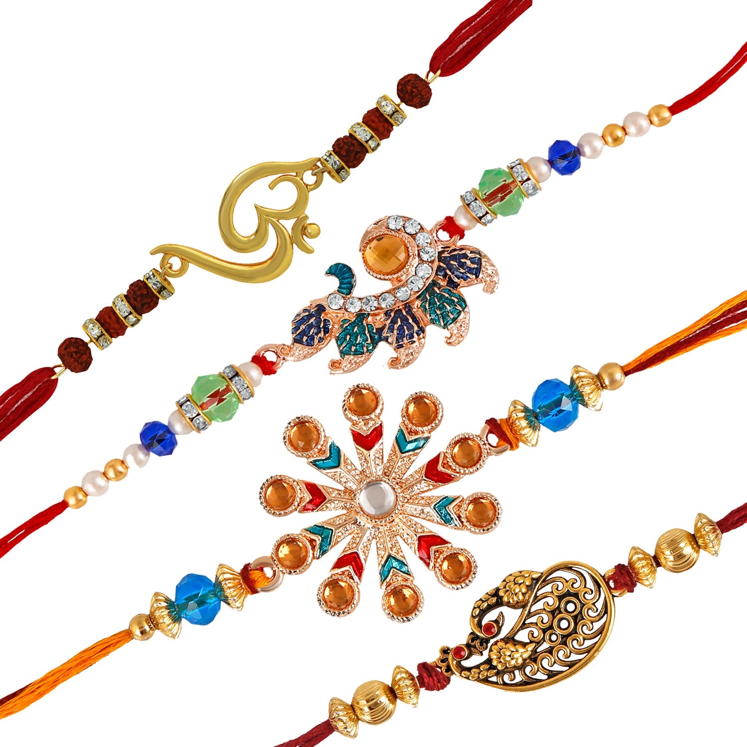 Om Rudraksha,Floral Designer and Feathery Peacock crystal studded rakhis combo