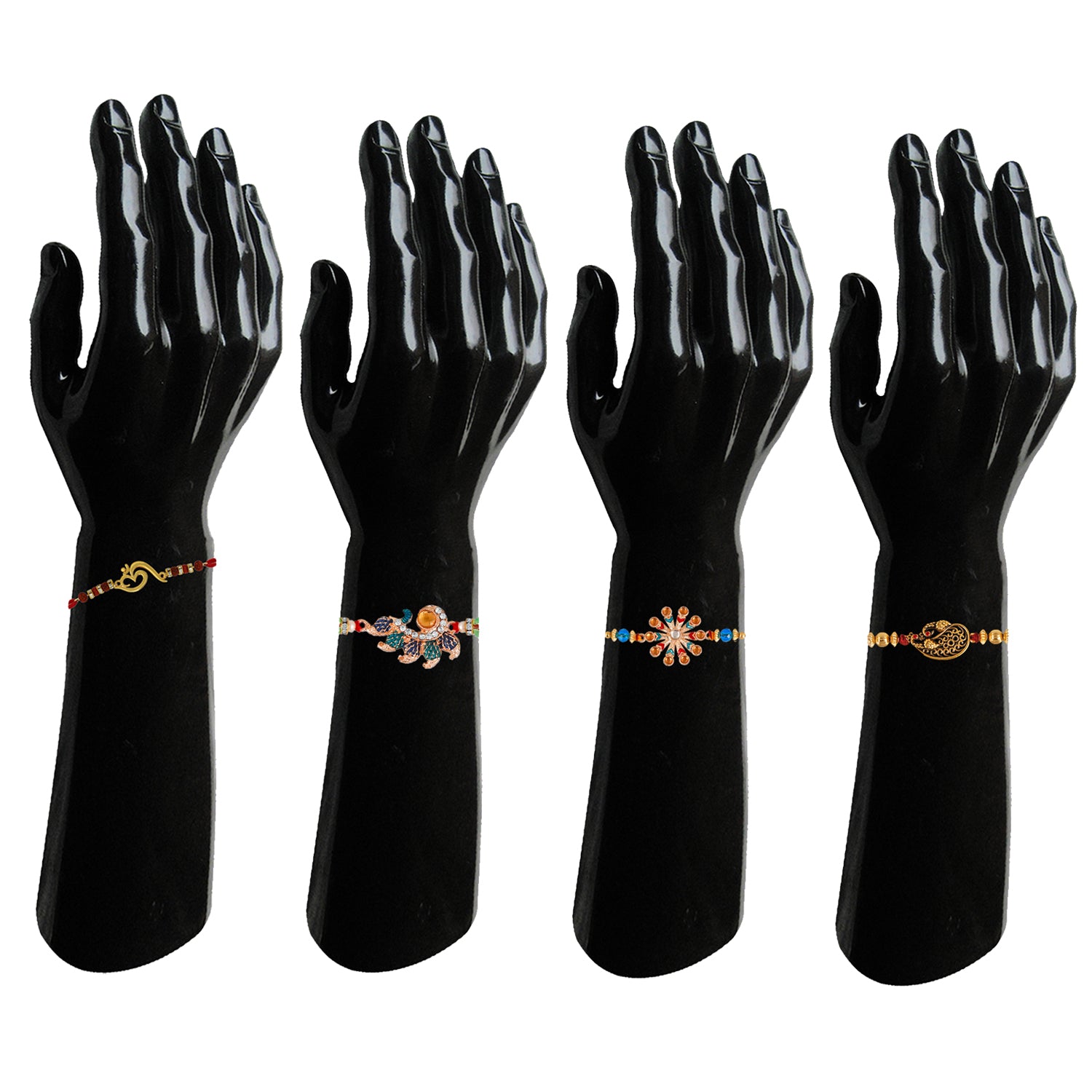 Om Rudraksha,Floral Designer and Feathery Peacock crystal studded rakhis combo