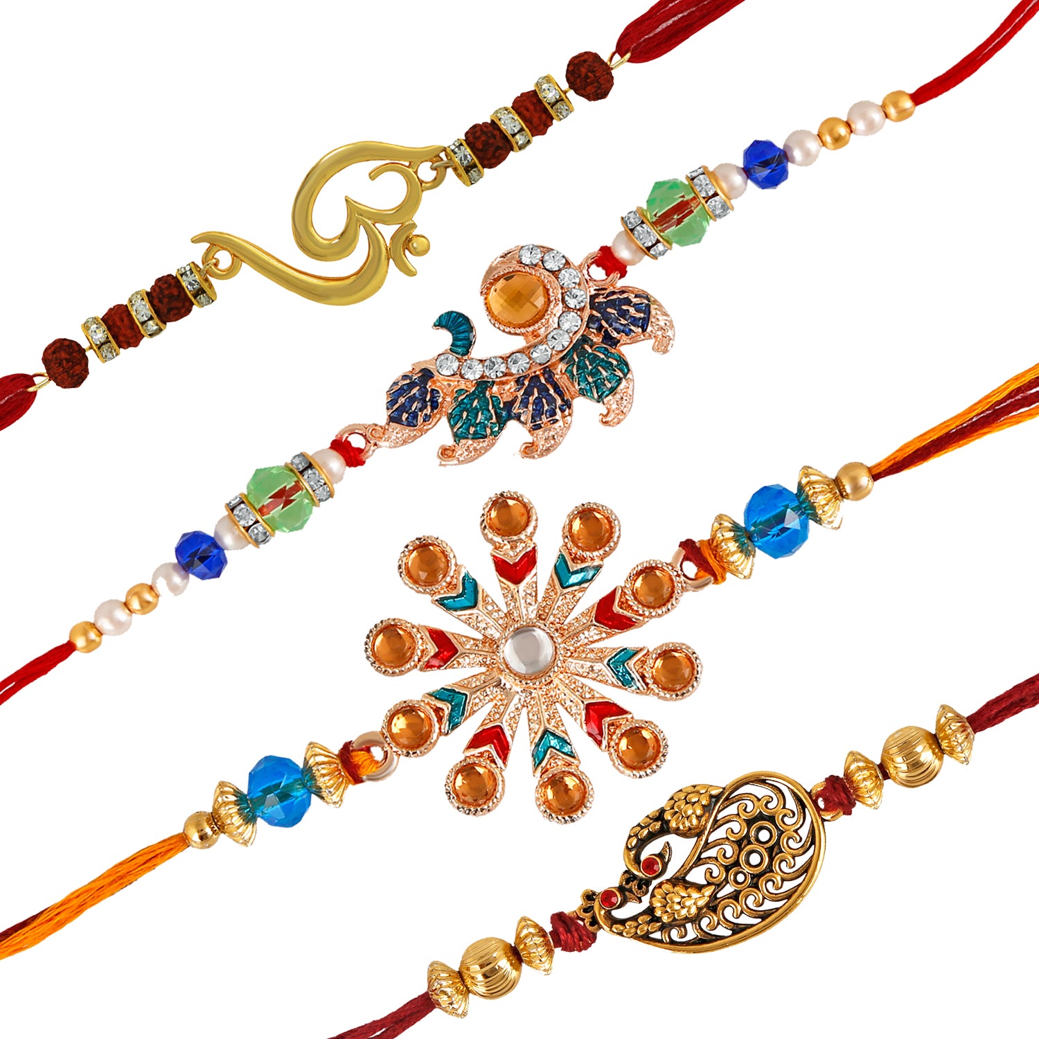 Om Rudraksha,Floral Designer and Feathery Peacock crystal studded rakhis combo