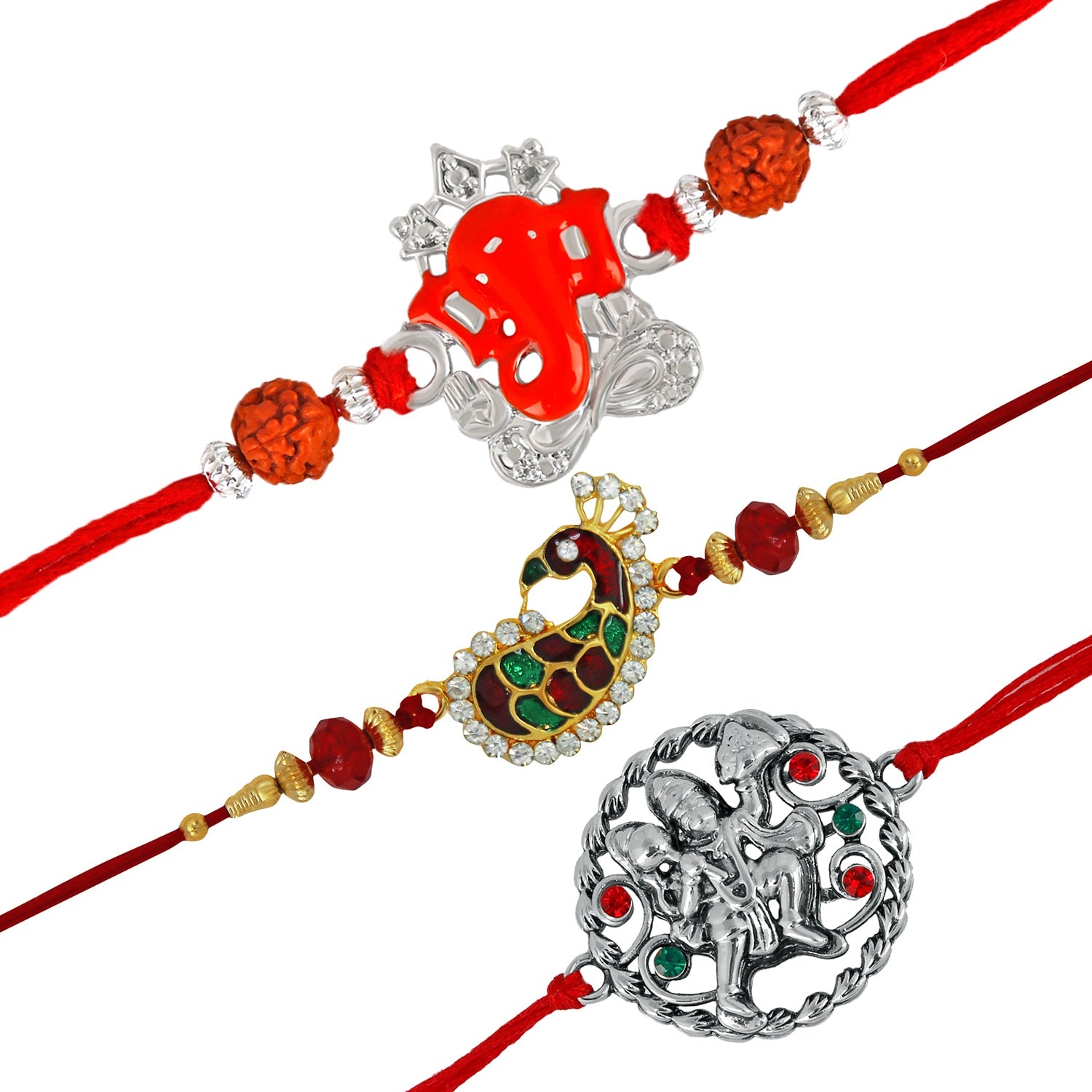 Lord Ganesha Rudraksha, Meenakari Peacock and Jai Hanuman crystal studded Rakhi combo